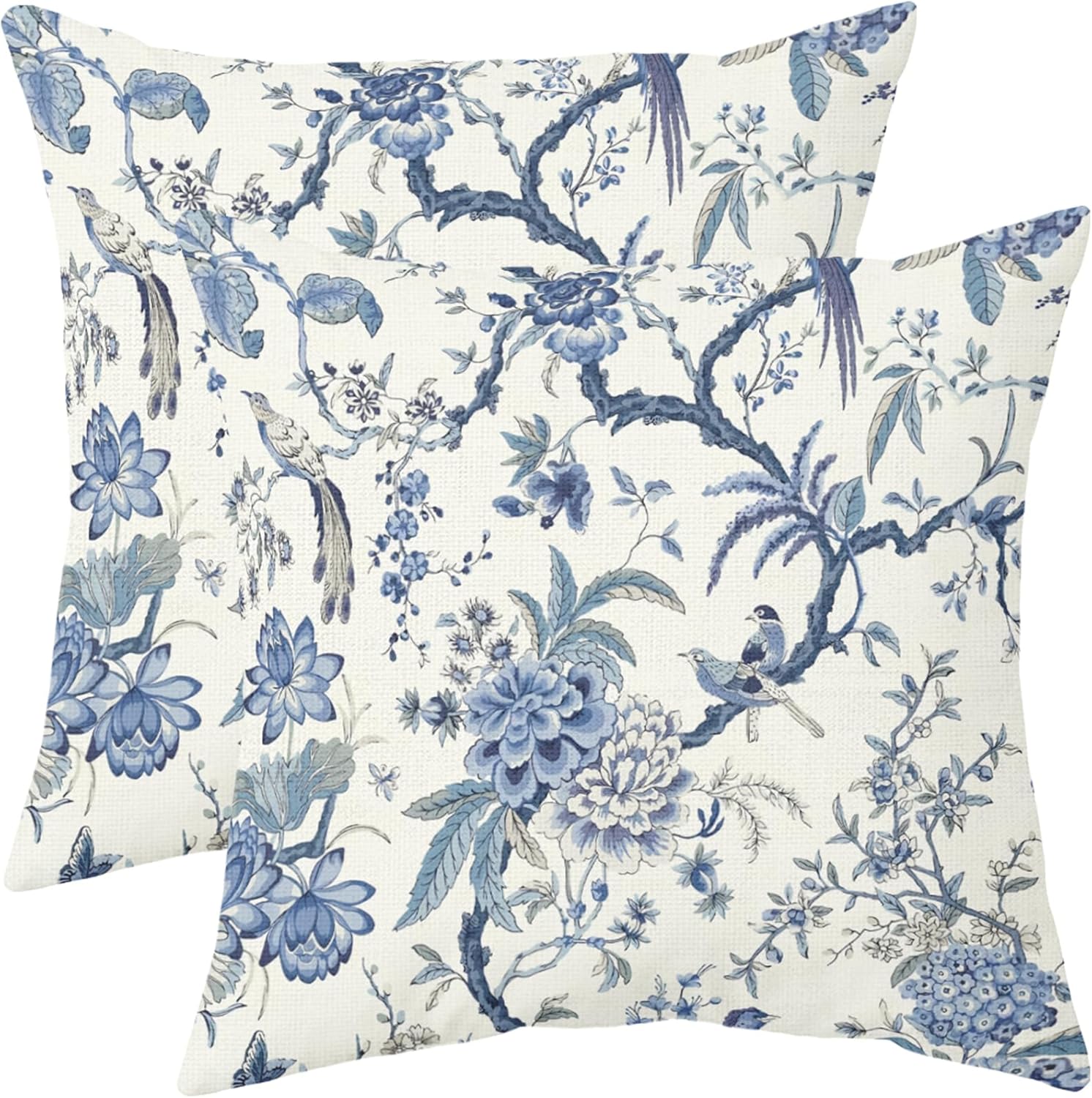 Blue Floral Chinoiserie Pillow Covers 24x24 Set of 2 Birds Peony Flower Cream White Print Decorative Throw Pillows Outdoor Rustic Farmhouse Pillowcases Cushion Case Decor for Home Sofa Couch Bed