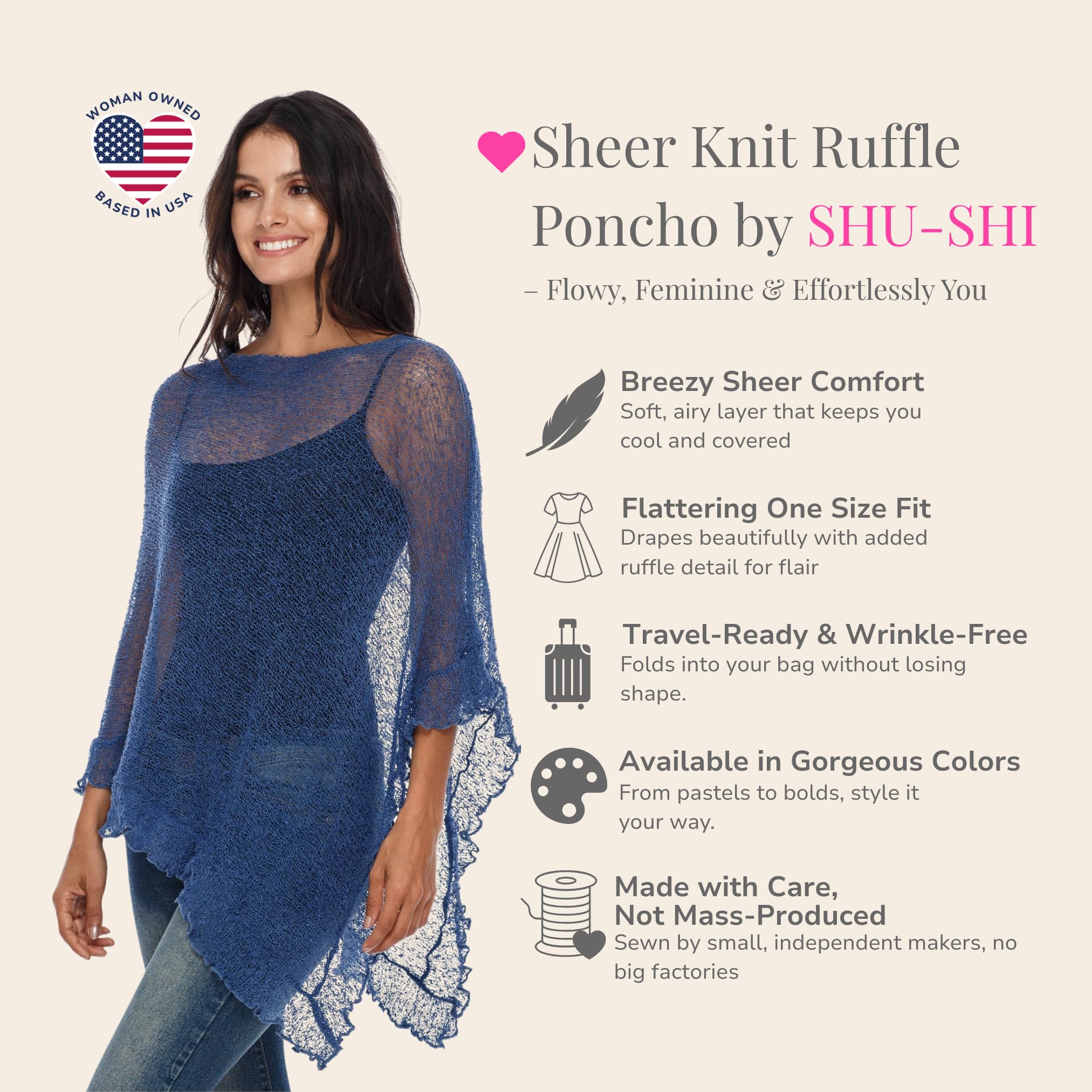 SHU-SHI - Jersey de estilo capa para mujer - Con volante y transparencias - Punto ligero