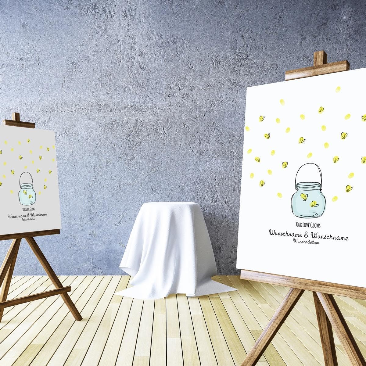 Madyes Płótno Ślub Odciski palców Księga gości Spersonalizowane Drzewo Świetliki dla młodej pary jako prezent, dekoracja ślubna, imiona z datą. 50 x 50 cm duży na blejtramie drewnianym
