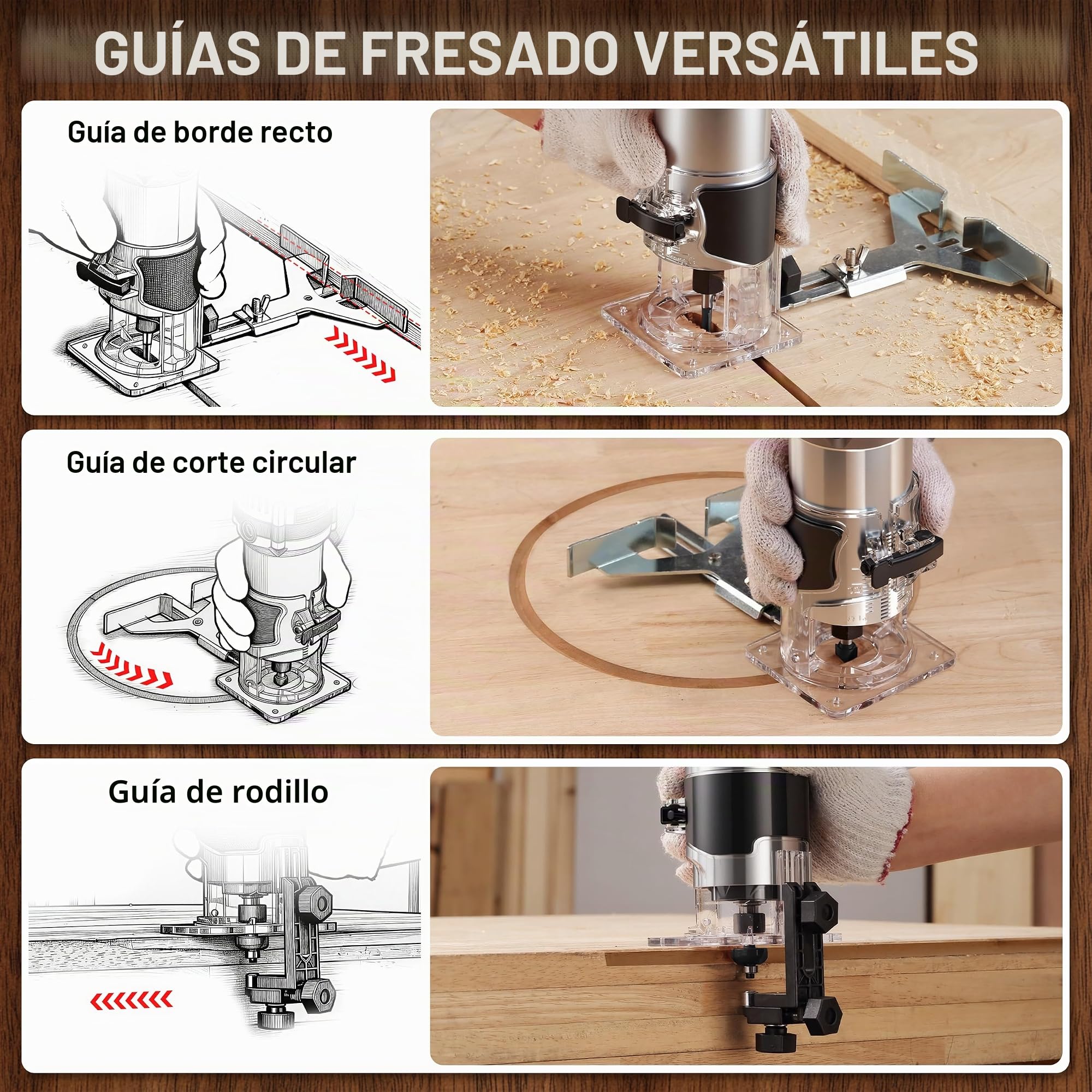 TEENO Fresadora De Madera Rebajadora Eléctrica 800W 15000-32000 RPM Con 32 Accesorios,15 piezas 1/4'' Alicates, 6 Velocidades Variables, Pinza De Base Fija De 6/6.35 MM, Estuche de Transporte