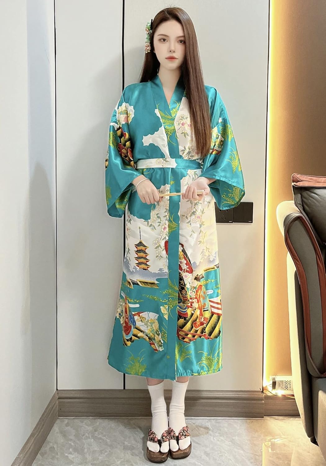 Long Kimono Satin Printed Lightweight Cardigan Jacket Coat Yukata Cloak Bathrobe Tops fans Tabi socks set - Image 5