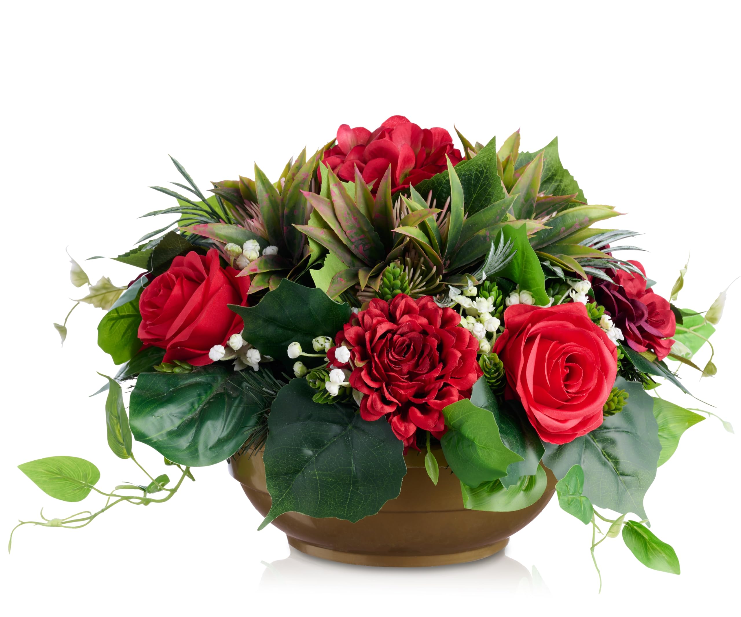 Grabschmuck mit künstlichen roten Rosen Blumentopf | 30cm breit | im runden Topf mit Beschwerung sehr stabil | wie Echt EU handgefertigt