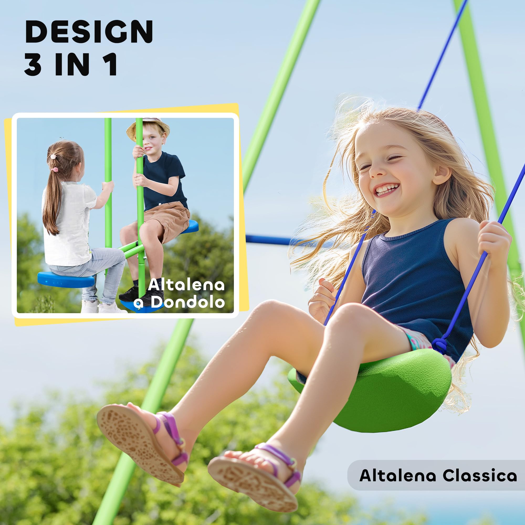 Outsunny Set Altalene da Giardino per 4 Bambini, 1 Altalena Doppia e 2 Altalene Singole, Capacità di peso 45kg (Altalena) 180kg (Totale), 280x140x178cm