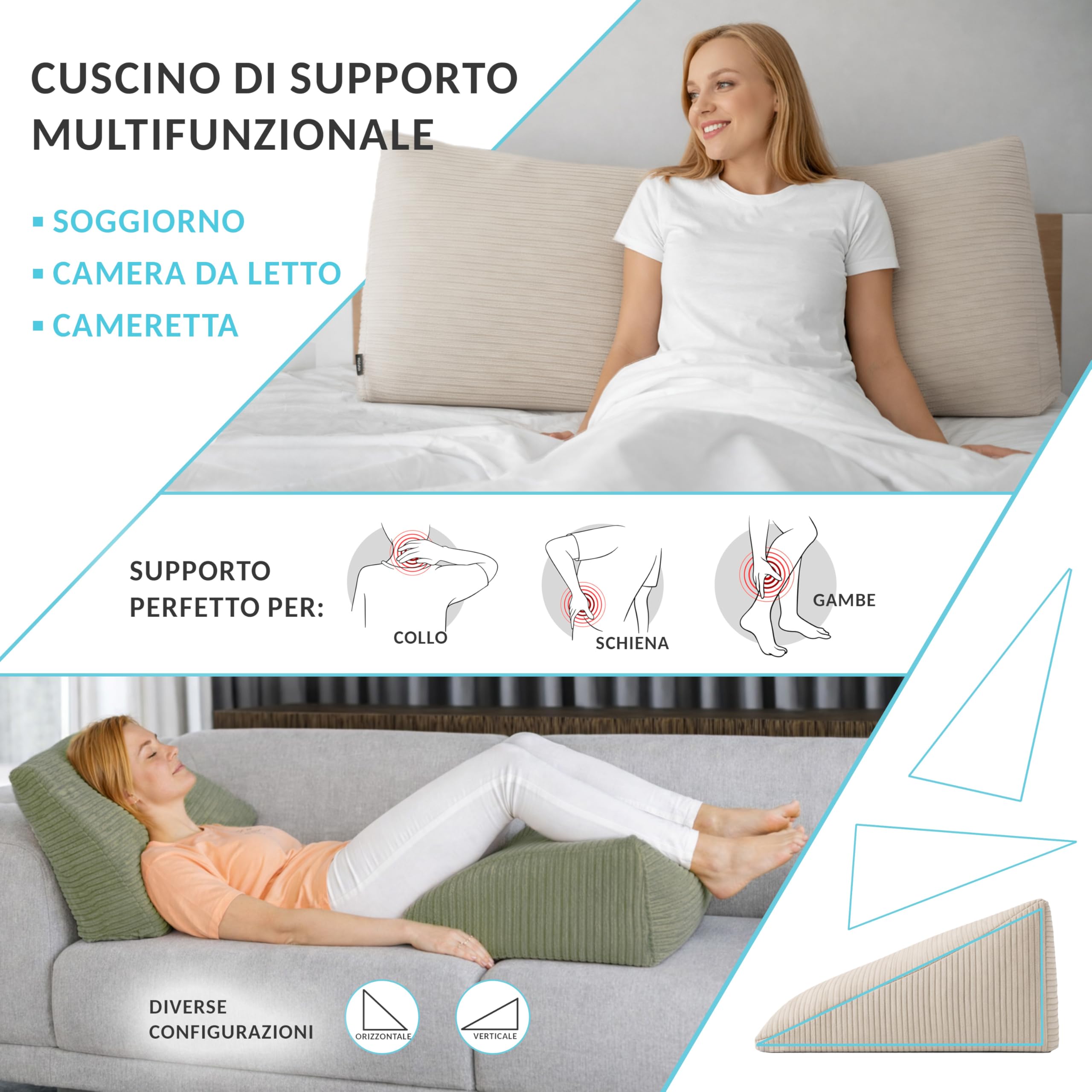 POKAR Cuscino da Lettura 150x50x20 cm | Cuscino Schienale Divano in Velluto Corduroy con Appoggio Schiena Grande | Cuscino Triangolare Cuneo Testata Letto | Certificato Oeko Tex 100 | Beige