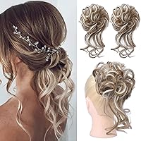 Vista 12 de HOOJIH Postizo de Moño Desordenado, 2 Piezas de Moño Despeinado con Mechones Extensiones de Moño Cabello Ondulado Rizado Envolvente Cola de Caballo