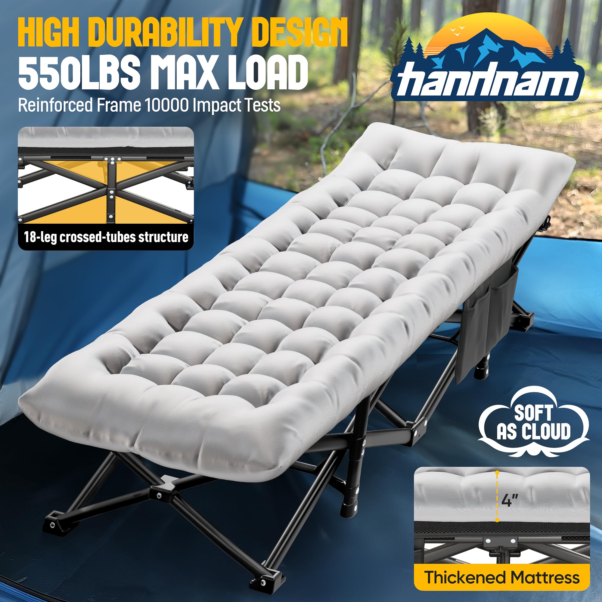 Handnam Camping Cots for Adults, Upgraded Folding Camping Cot Heavy Duty Sleeping Cots Bed 1200D Double Layer Oxford Camping Cot Mattress with Flannel Blanket for Home Office Nap Beach Travel, 550LBS