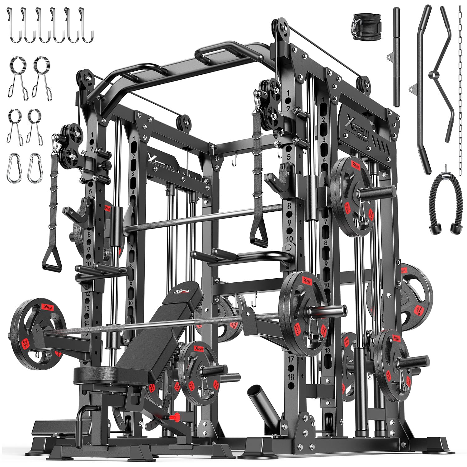 Multi-Purpose Squat Rack,Smith Machine Weight Rack Set with Cable Crossover System, Home Gym Power Racks, Power Racks and Packages
