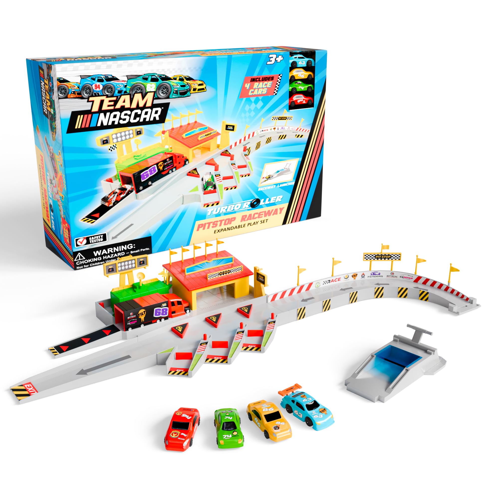 Lollipop Nascar Pitstop Raceway - Experience The Thrill of NASCAR Racing with an Interactive Launcher and Four Racing Cars Toys - Great for a Gift for