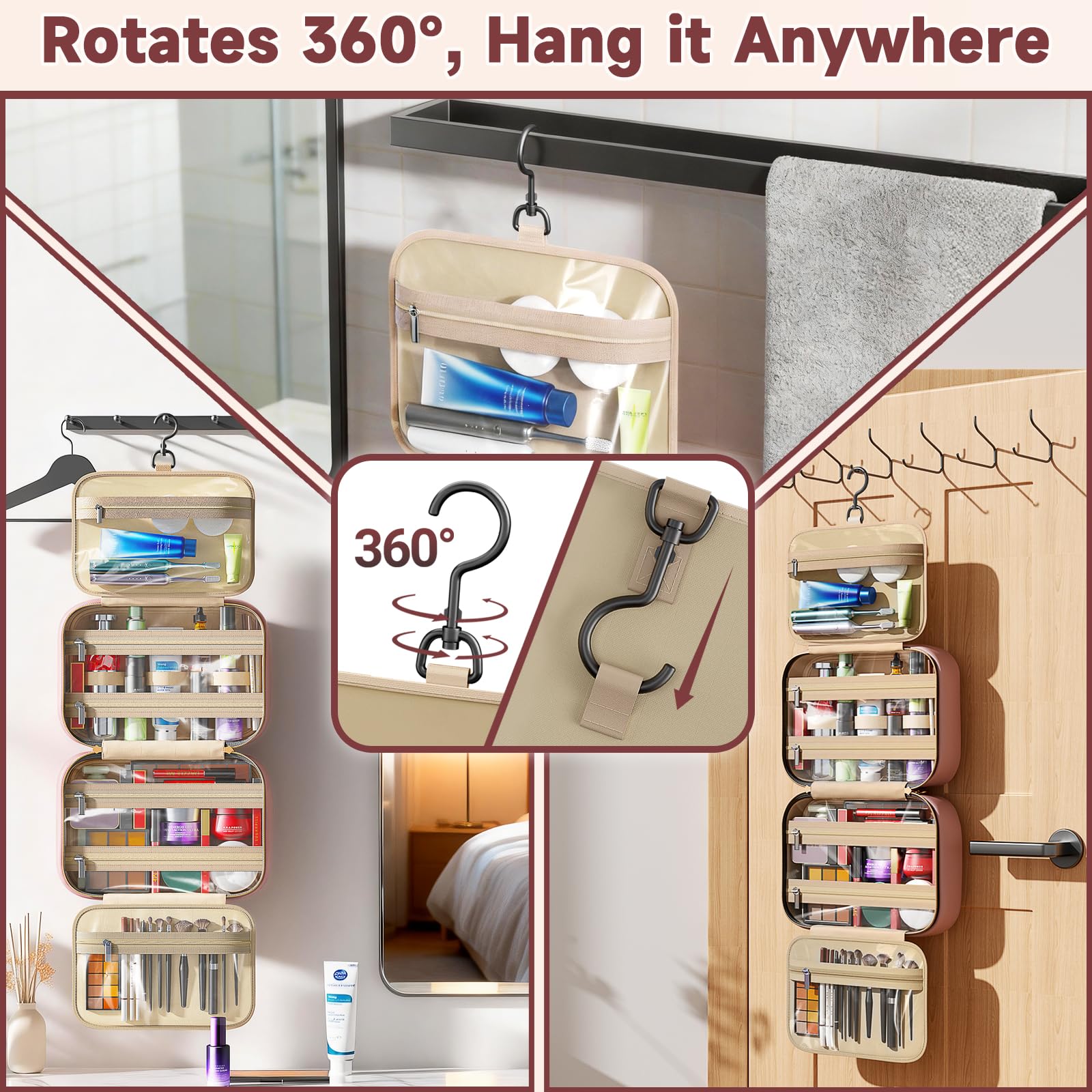 Voyree Travel Toiletry Bags, Portable Travel Bag with Hanging Hook for Women, Waterproof and Hanging Makeup Bag Travel Organizer Accessories for Travel Essentials (Pink, Medium) - 3