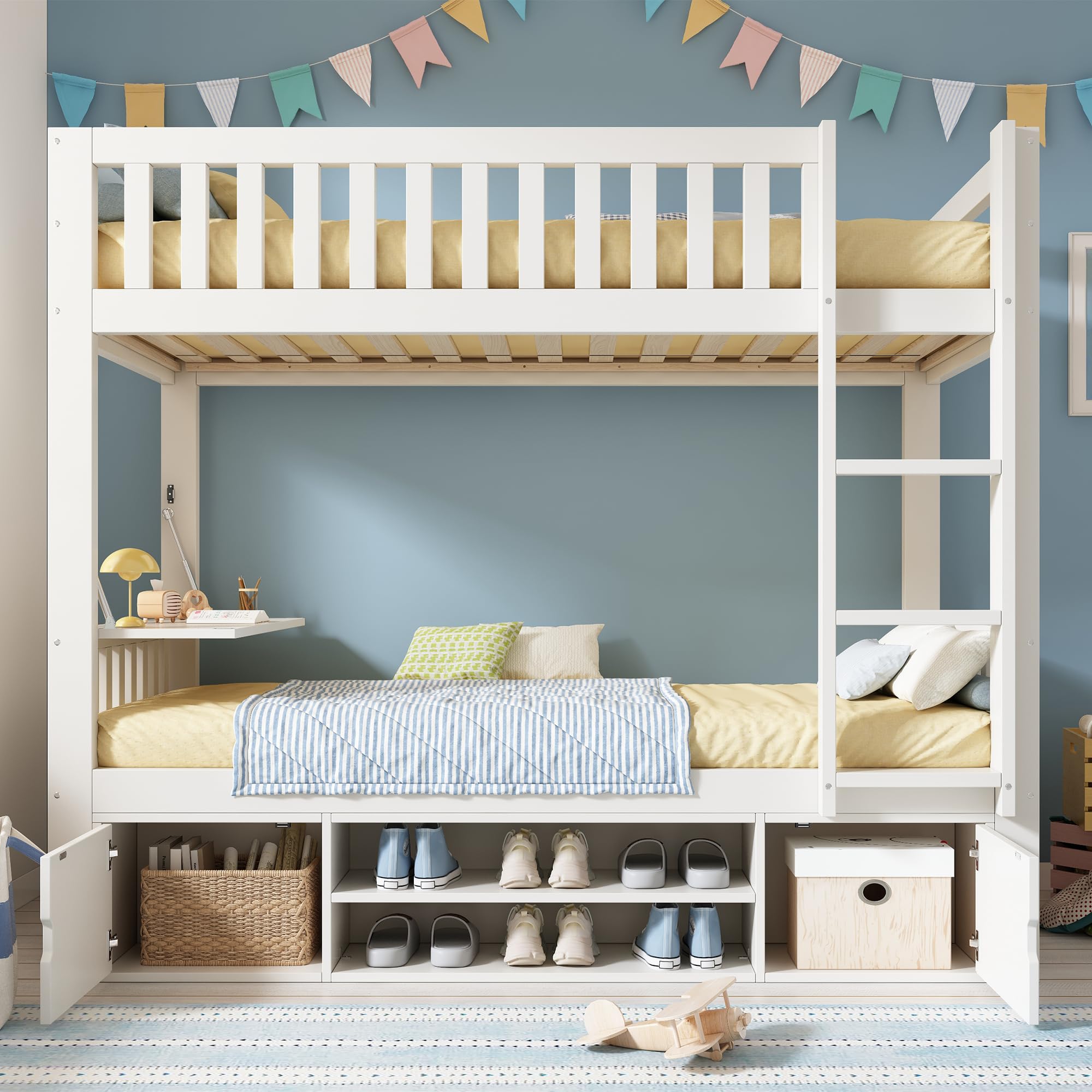 Cama alta para niños, 90 x 200 cm, color blanco, con tablero plegable y zapatero integrado, somier, solución todo en uno, certificado EN747, sin colchón