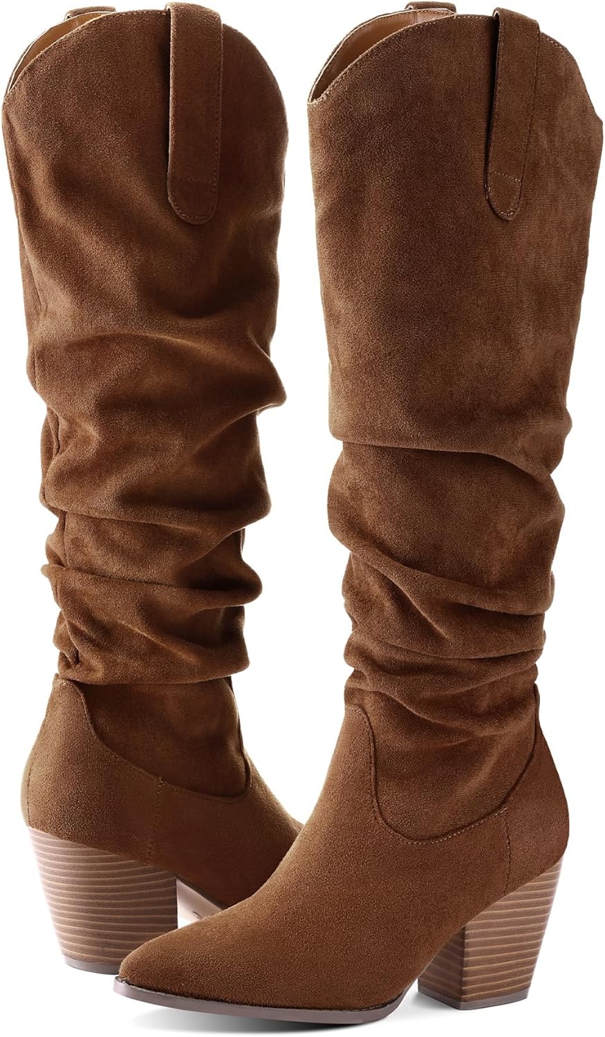 mysoft Women's Cowboy Knee-High Boots Pointed Toe Mid Chunky Heel Pull On Slouchy Boots with Zippers - Image 3