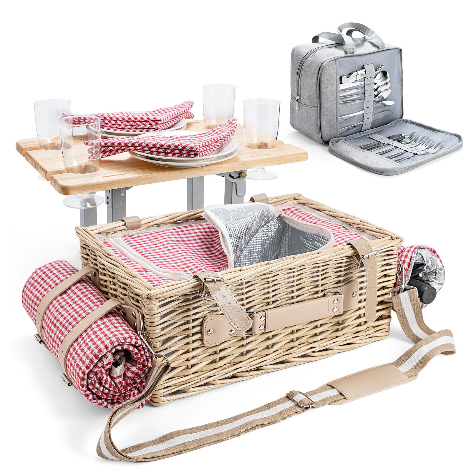 Picknickkorb-Set aus Weide für 4 Personen – mit abnehmbarem Tisch, Bestecktasche, isolierter Kühltasche und wasserdichter Picknickdecke für Camping, Strand, Hochzeitsgeschenke(Red Grid)