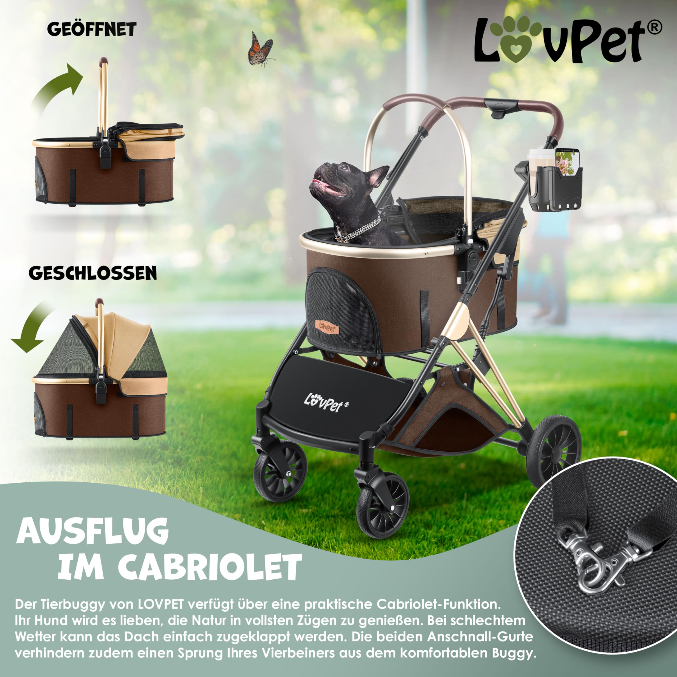 LOVPET® Cochecito para Perros y Gatos 3en1 Carrito Plegable | Transporte Bolsa 360° Ruedas Grandes | Transportín para Mascotas, Red & Cubierta para la lluvia, Jogger