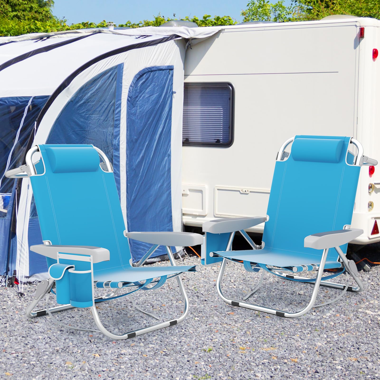 COSTWAY Set di 2 Sedie da Spiaggia, Sdraio Pieghevole a 5 Posizioni con Portabicchieri, Poltrona da Spiaggia con Cuscino per Testa e Zaino, Sedia da Campeggio Portatile, Portata 150 kg (Azzurro,2)