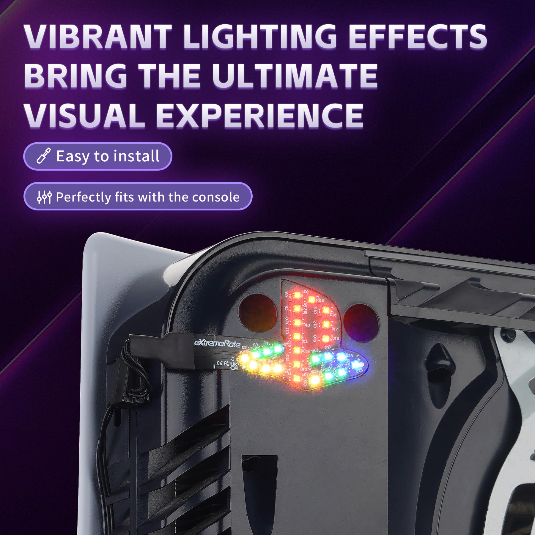 eXtremeRate RGB Rainbow Logo LED Kit für ps5 Konsole (2020 CFI-1 Series), 7 Farben 40 Lichteffekt Logo-LED Beleuchtung Kabel Zubehör für ps5 Disc & Digital Console