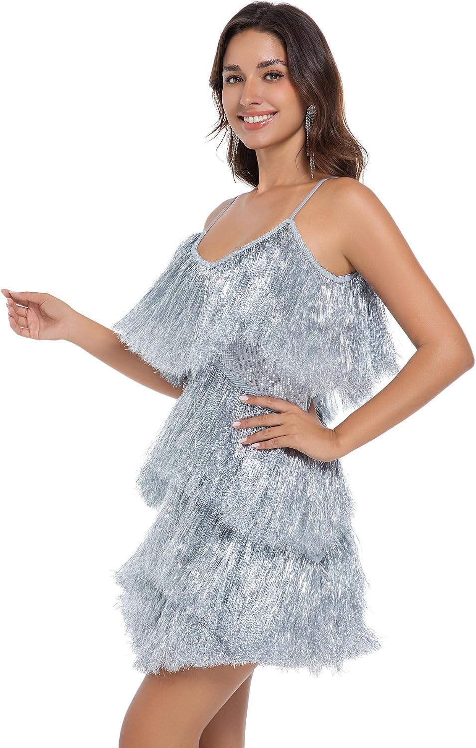 Tinsel Fringe Dress - Sexy V Neck Tinsel Tassels Mini Strap Dress Birthday Prom Cocktail Party Club Night for Women