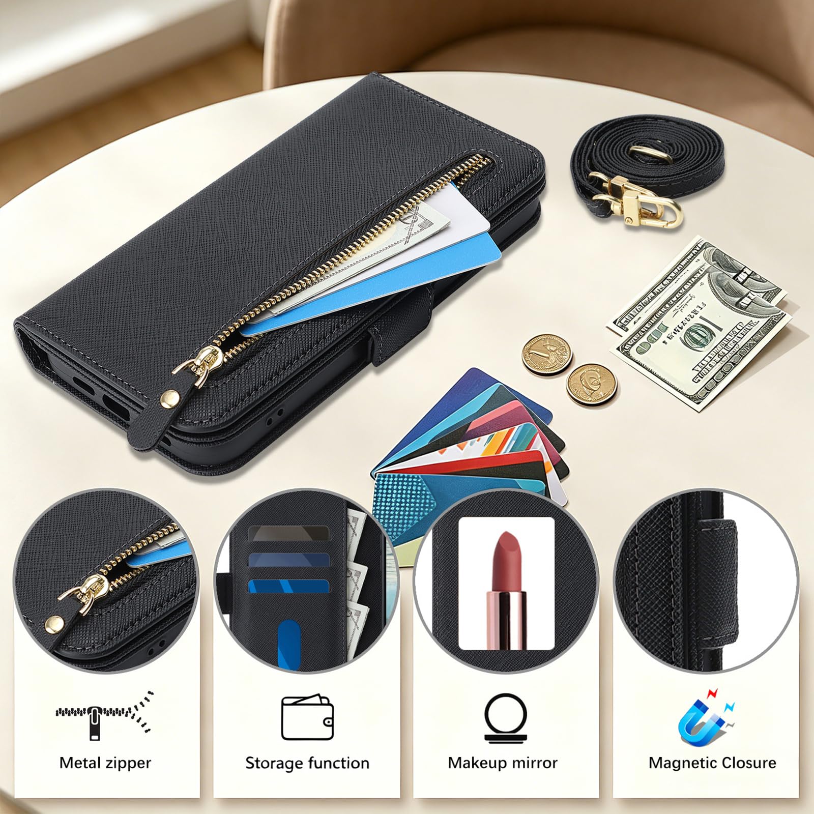 Etui crossbody do iPhone 17 Pro Max/17 Pro/17 Air/17, skórzany pokrowiec z klapką na zamek błyskawiczny, z funkcją lusterka do makijażu, podpórka, miąższ, 17 Air