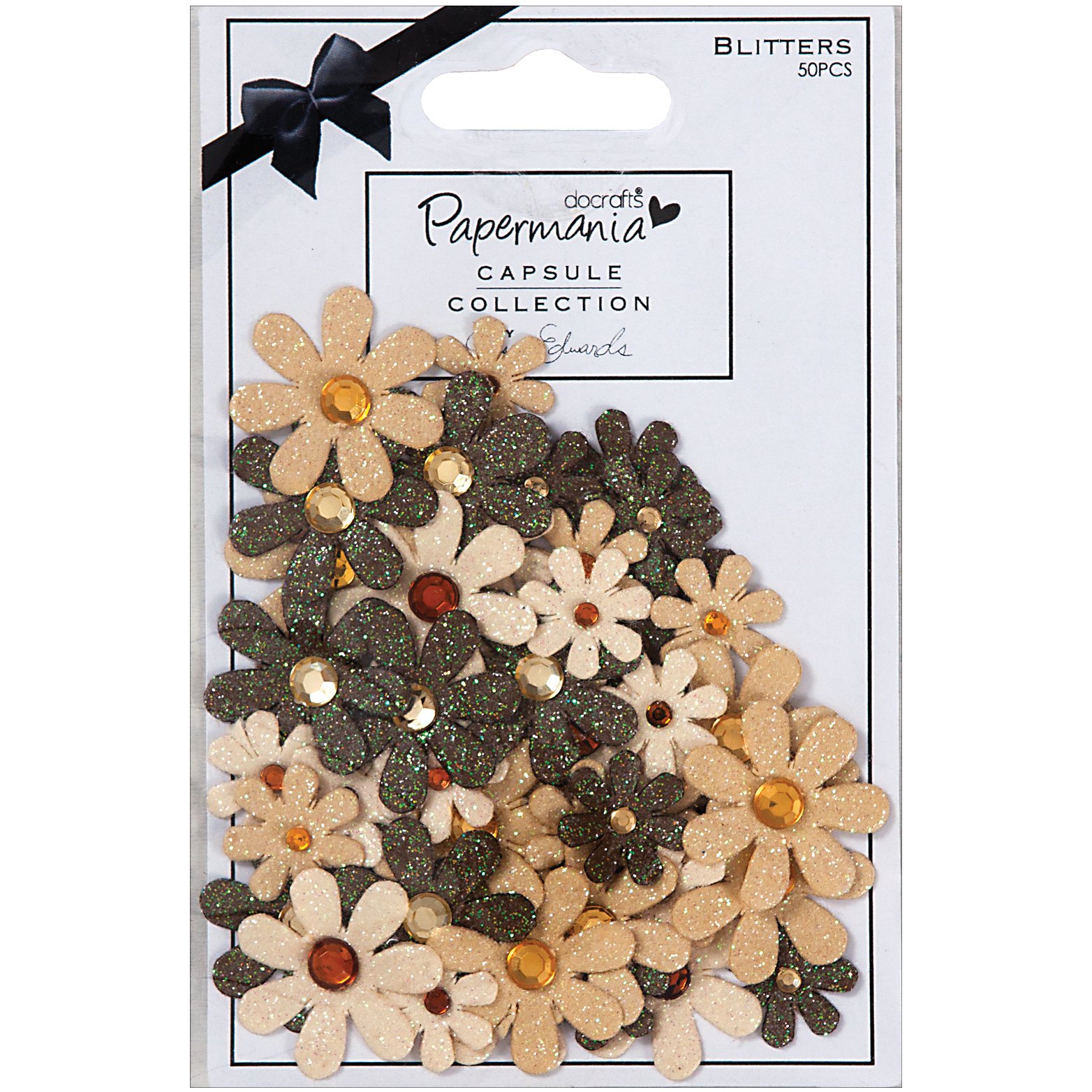 docrafts Papermania Blitters Glittered Paper Flowers with Gems, Lincoln Linen