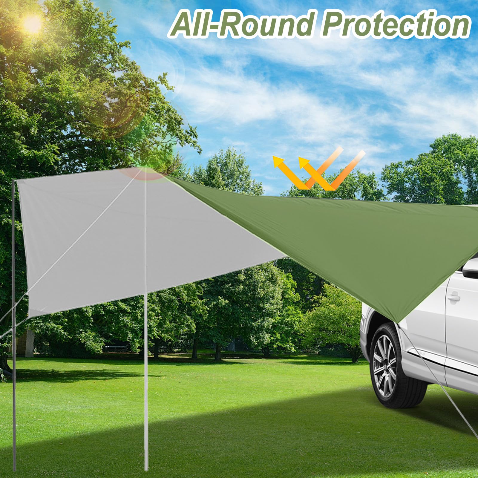 Toldo para Coche, Universal Toldo para Portón Trasero de Coche 380x280cm, Impermeable Toldo Parasol Coche para Auto, SUV, Camping (Verde)