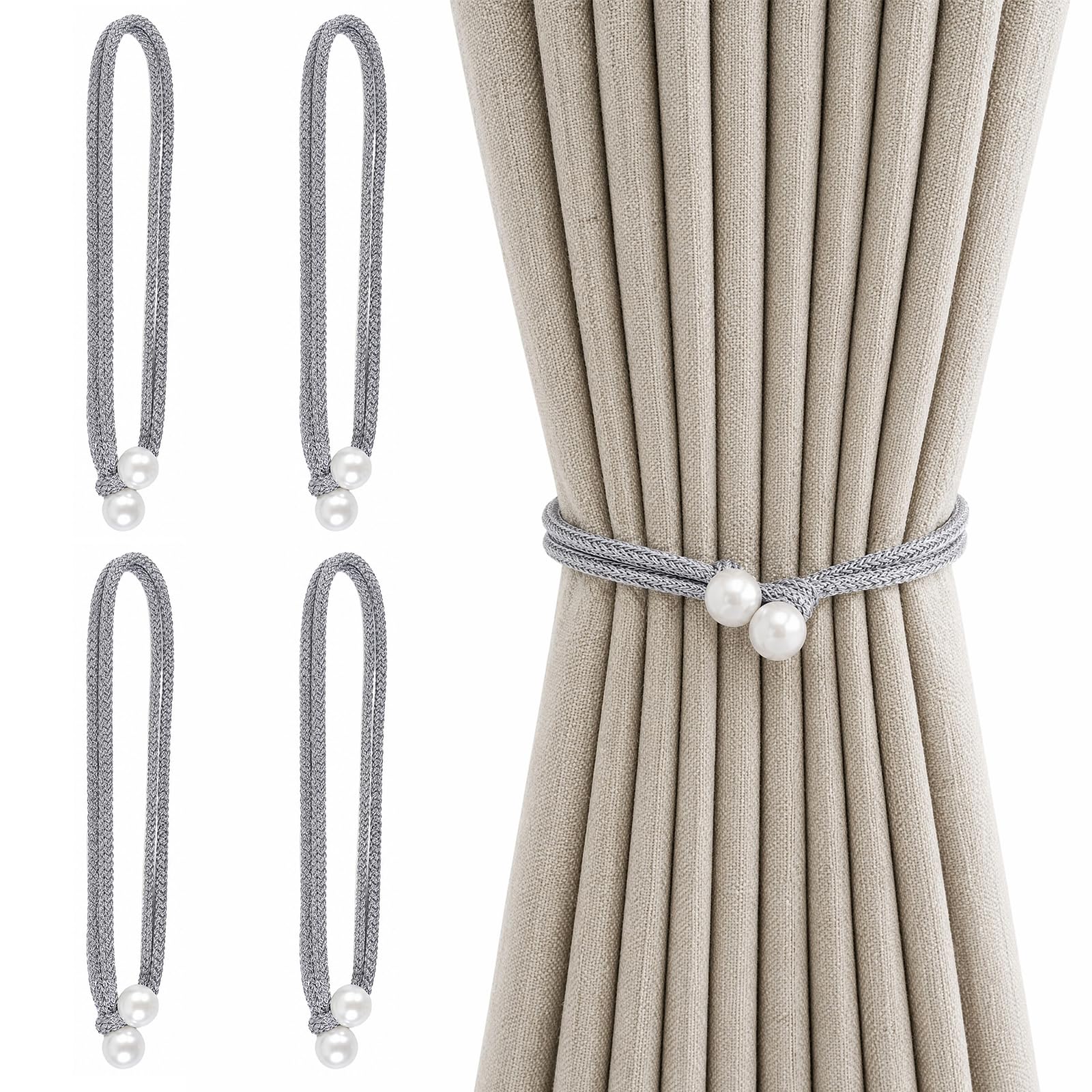 4 Pcs Curtain Tie Backs, Elegant Pearl Weaving Curtain Rope Buckle, Adjustable Curtain Tiebacks for Home Office Living Room Bedroom Window Drapery Holders (Grey)