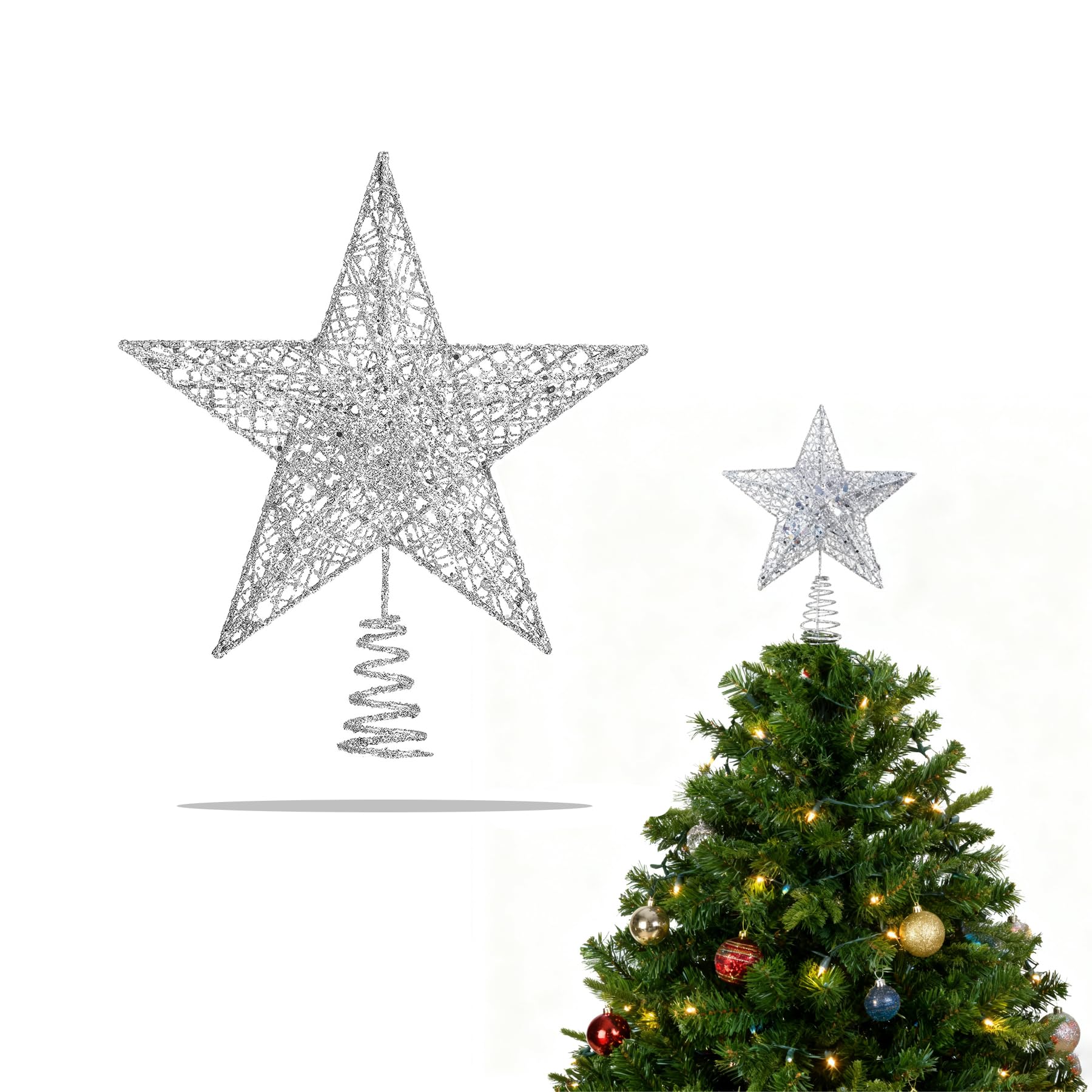 BAIYSFFG Glitter Tree Star,Christmas Tree Topper, Large Metal Tree Top Star for Xmas Tree Topper Ornaments Christmas Home Decorations,20 * 25 CM (Silver)