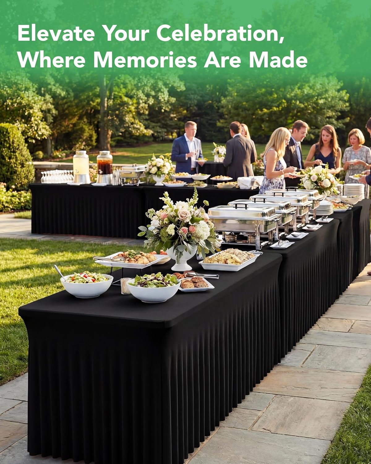 4 Pack Spandex Table Cover Skirts for 6ft Rectangle Tables, Black Stretch Table Cloths with Floor-Length Ruffle, Elastic Fitted Skirted Tablecloth for Elegant Wedding Banquet Party Buffet Decoration