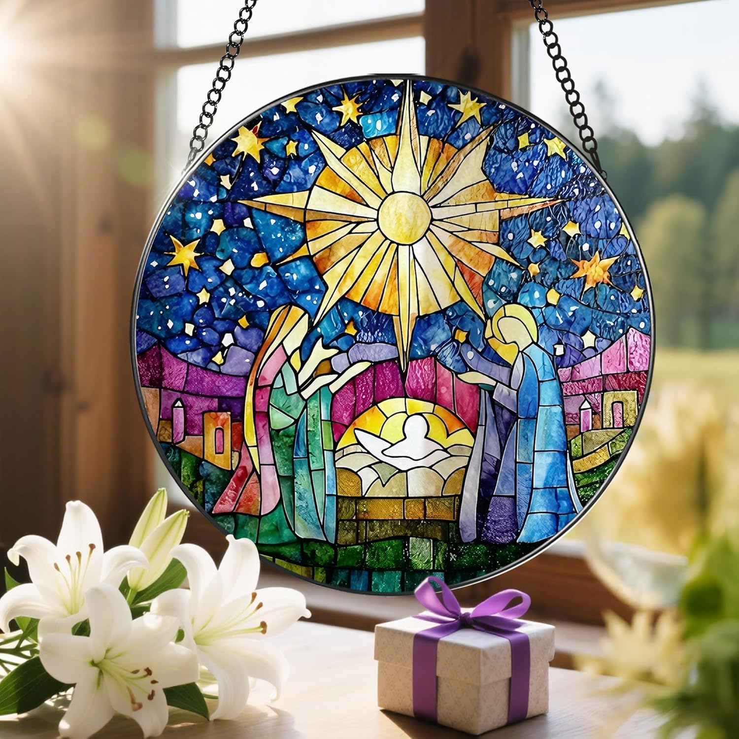 8'' Stained Glass Window Hanging, Nativity Scene Christmas Ornament, Christian Ornament, Sun Catcher Window Decor, Religious Holiday Decor, Gifts for Christmas, Religious Gift, Christian Gift - Image 6