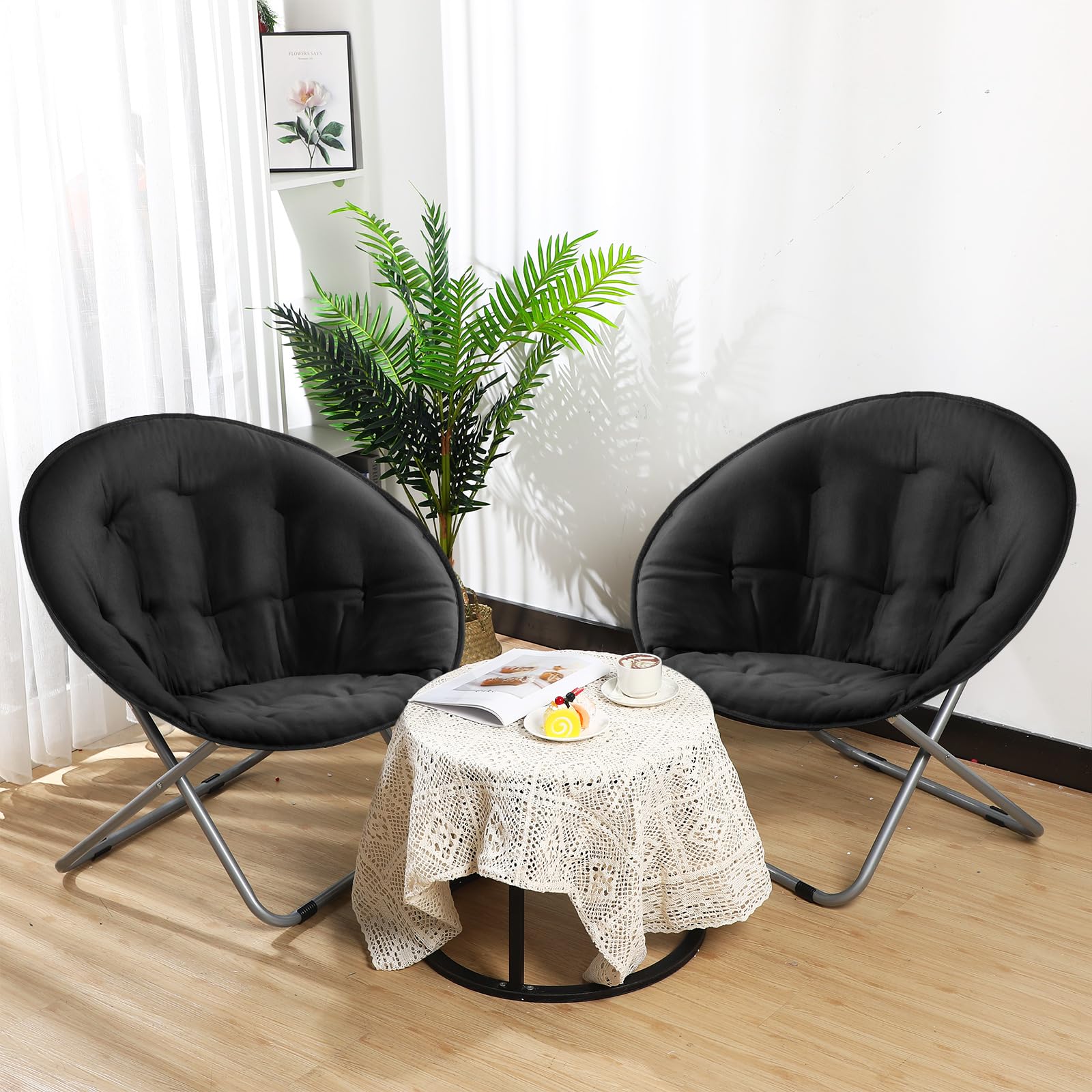 2 Pack Folding Saucer Chair Portable Moon Chair for Teens Adults Comfy Lazy Chair with Metal Frame for Bedroom Living Room Dorm Rooms(Black)