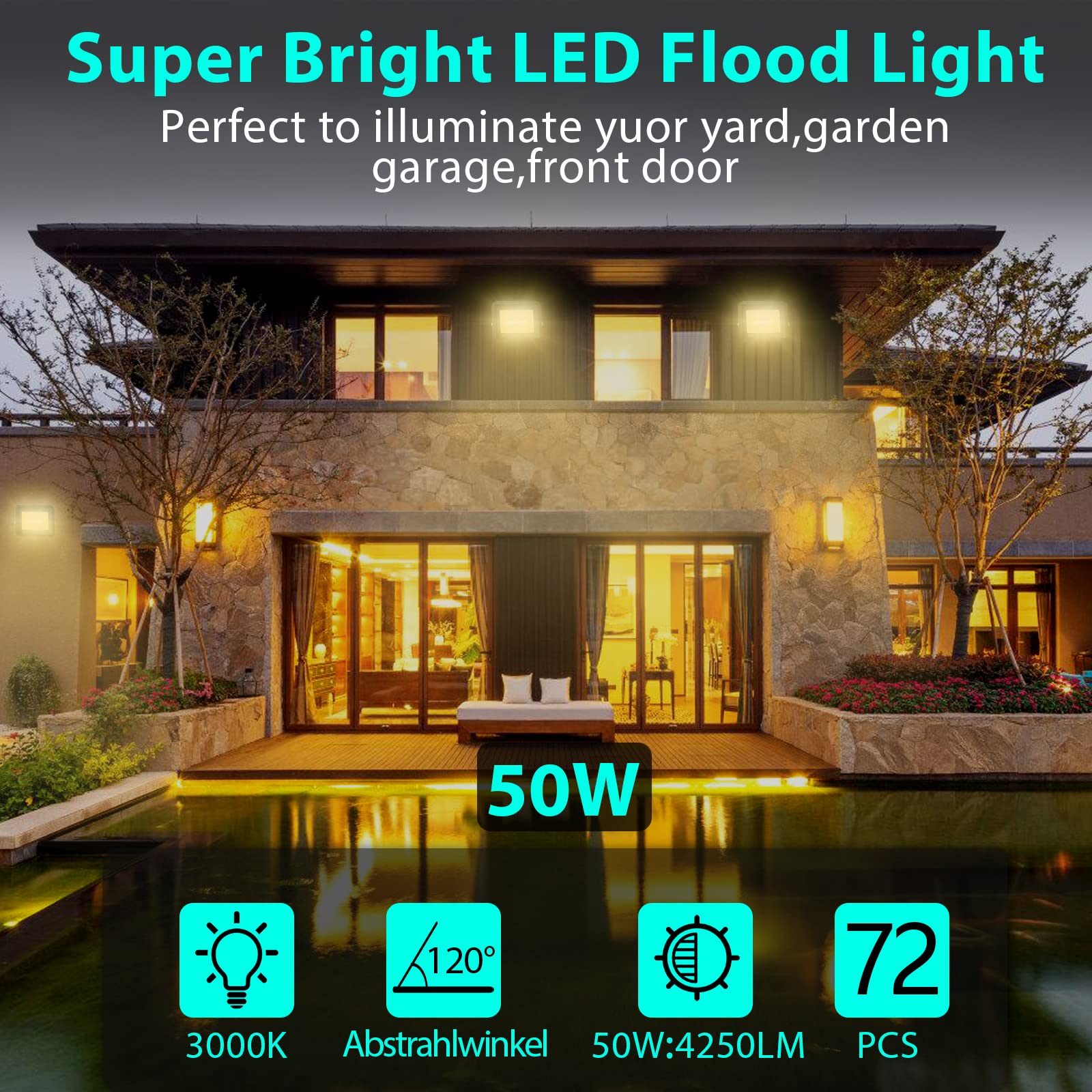 Herrselsam Zewnętrzna lampa punktowa LED, 5 szt. 50 W, zewnętrzne reflektory LED 4250 lm, ciepła biel 3000K, IP66, wodoodporne oświetlenie LED do fabryk, parkingu (bez gniazdka)