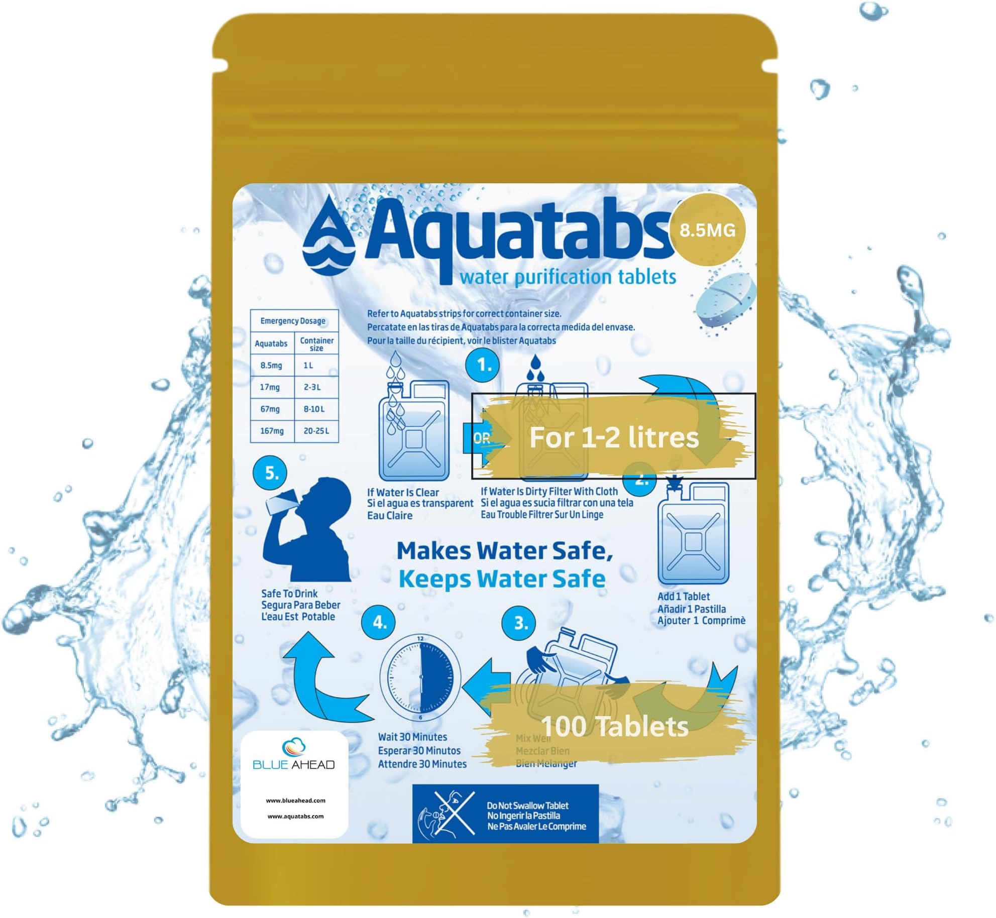 Water Purification Tablets 8.5mg x 100 – Water Treatment Tablets for Drinking Water – Water Purifier Tablets for Camping, Hiking, Travel, Survival & Emergency Prep – Each Tablet Treats 1–2 Litres