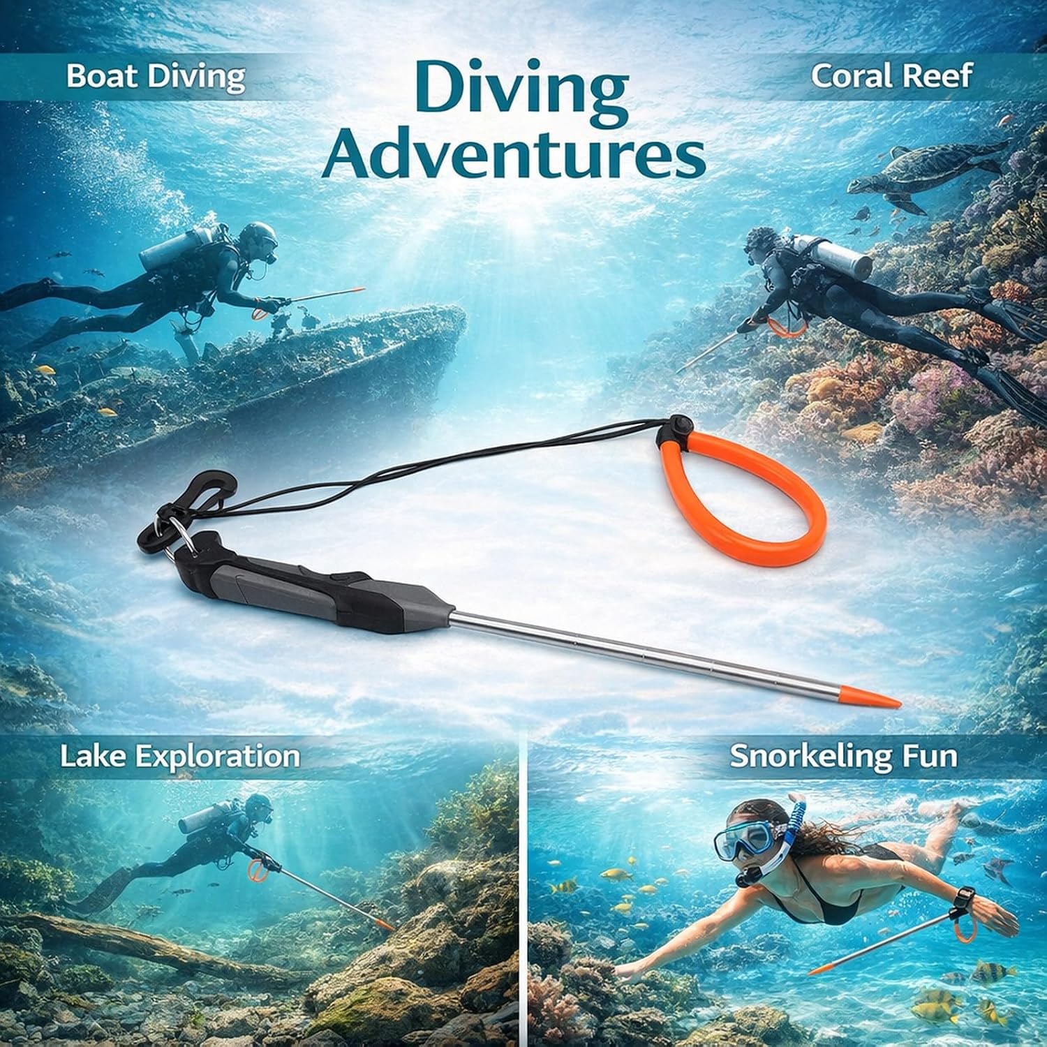 Scuba Diving Stick 316 Stainless Steel with Gray Handle and Lanyard Buckle - Durable Noise Maker Pointer Rod for Lobster, Snorkeling, and Underwater Exploration