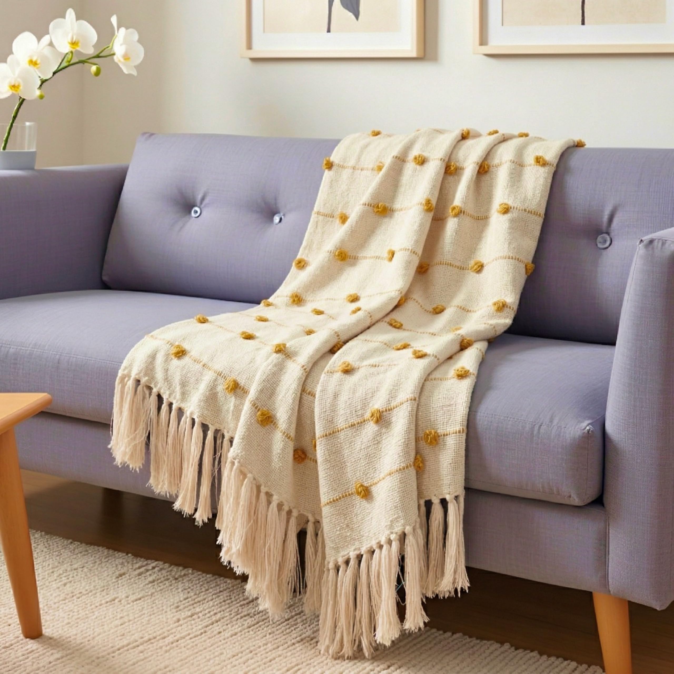SAJAVAT HOME Hand Knitted Cotton Sofa Throw Blanket | Beige & Yellow Elegant All-Season Throw for Couch & Bed | Soft Lightweight Knit with Tassel Finish | 80×52 Inches (204×132 cm)