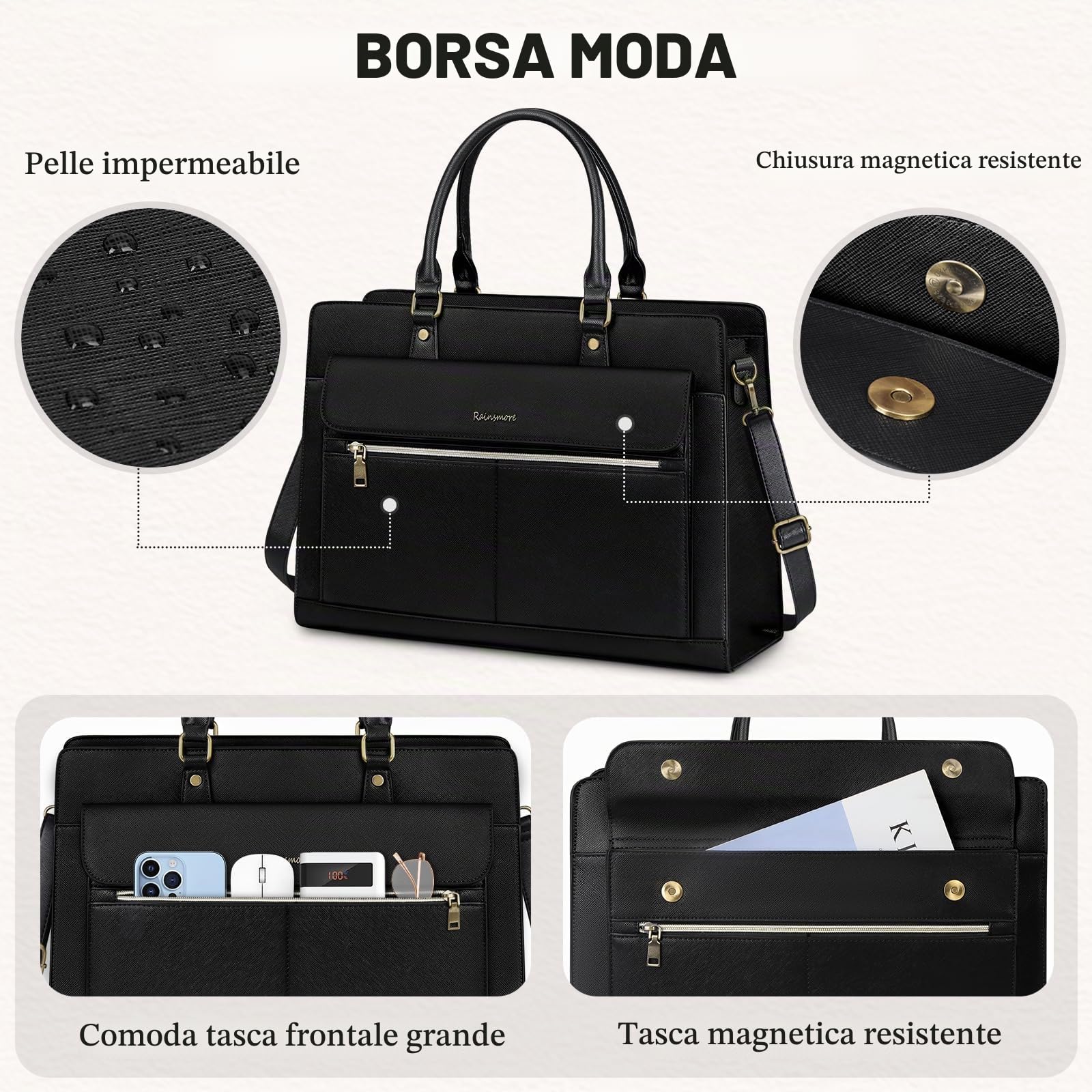 RAINSMORE Borsa Università Donna Borsa Lavoro in Pelle PU Grande Borsa Porta PC 15.6 Pollici Impermeabile a Spalla Tracolla Nero