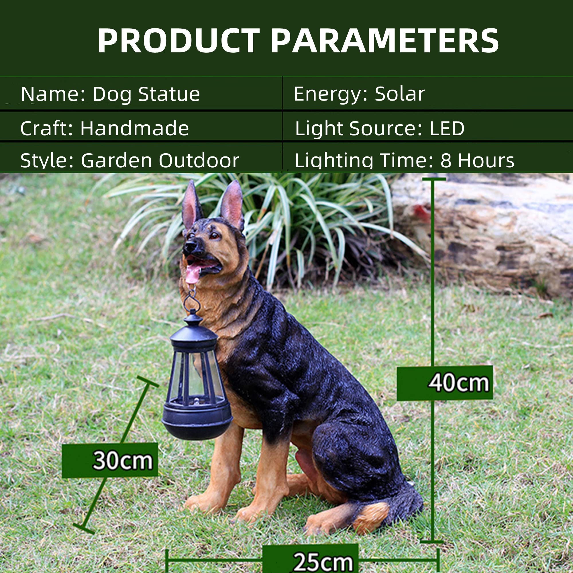 Estatua de pastor alemán para exteriores con luz solar, adorno creativo de perro para decoración de césped, patio, jardín, figura de perro resistente al viento para uso en exteriores