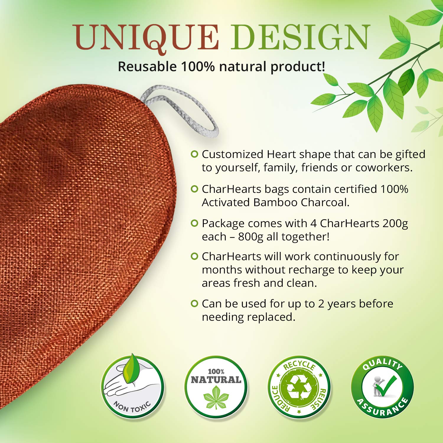 CharHearts Activated Charcoal Air Purifying Bag Pack of 4, 200g Natural Air Freshener and Odor Absorber, Heart Shaped Room Deodorizer For Home, Office, Bathroom, Pets, Car, Closet, Shoes