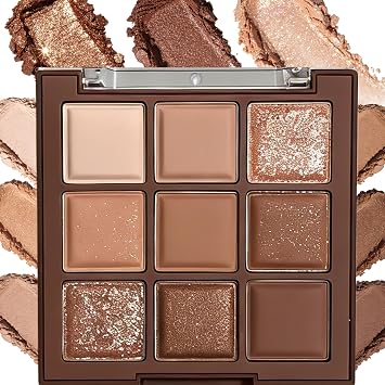 Brown Eyeshadow Palette for Women, Brown Nude Neutral Eyeshadow Palette, 9 Shades Matte Shimmer Glitter Highly Pigmented B/rown Powder with Bronzer & Contour