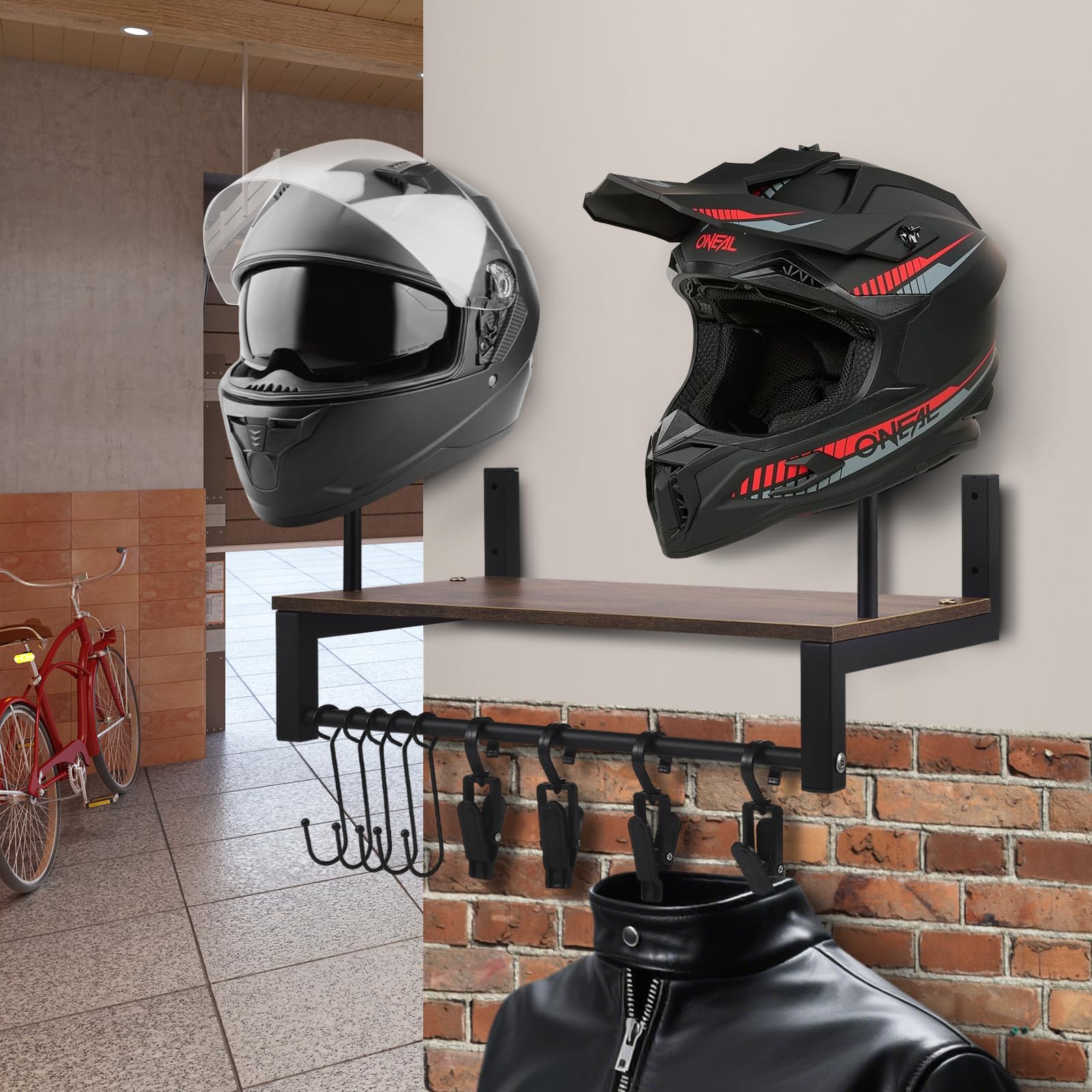 Appendi Casco Moto da Parete, Porta Casco da Parete Porta Cappelli con Assi di Legno, Supporti per Tattico Moto Calcio e Ciclismo