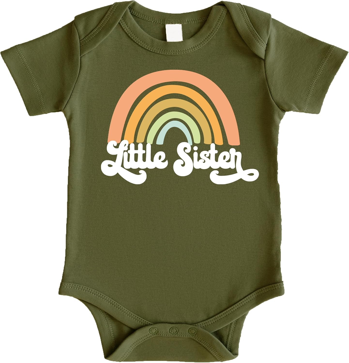 Olive Loves Apple Retro Rainbow Little Sister Sibling Reveal Announcement Bodysuit for Baby Girls Sibling Outfits