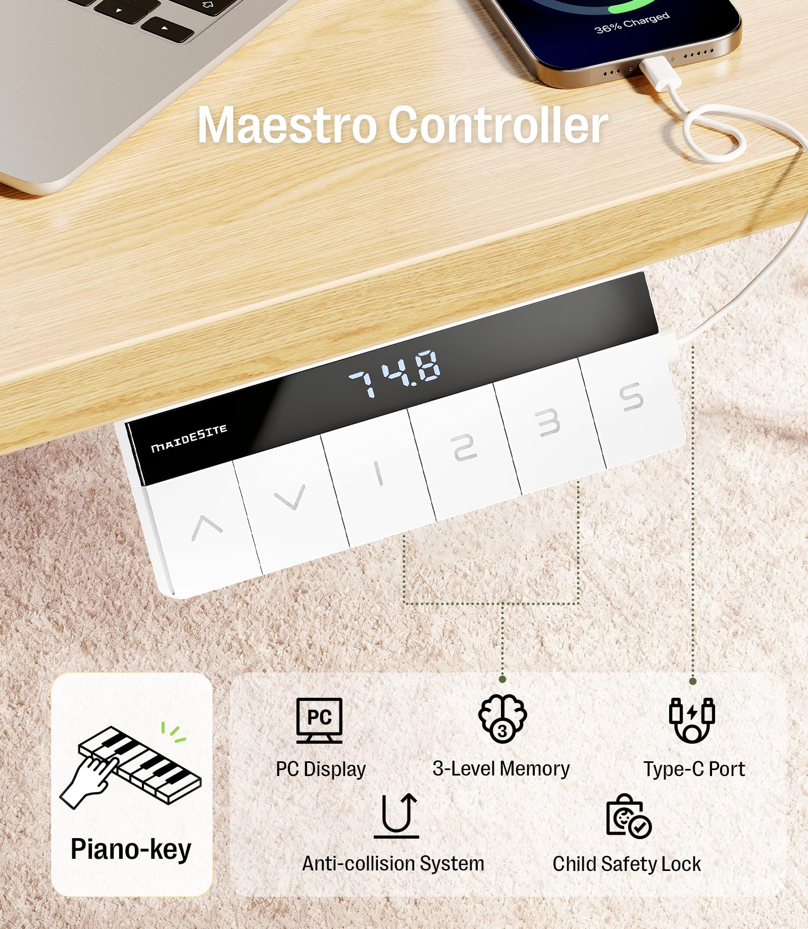 MAIDeSITe Höhenverstellbarer Elektrisch Schreibtisch L Form,180x120cm Eckschreibtisch mit Dual Motor 4 stabilen Beinen, 160kg Tragkraft, USB-C-Anschluss Piano Steuerungssystem für Home Office -Canvas
