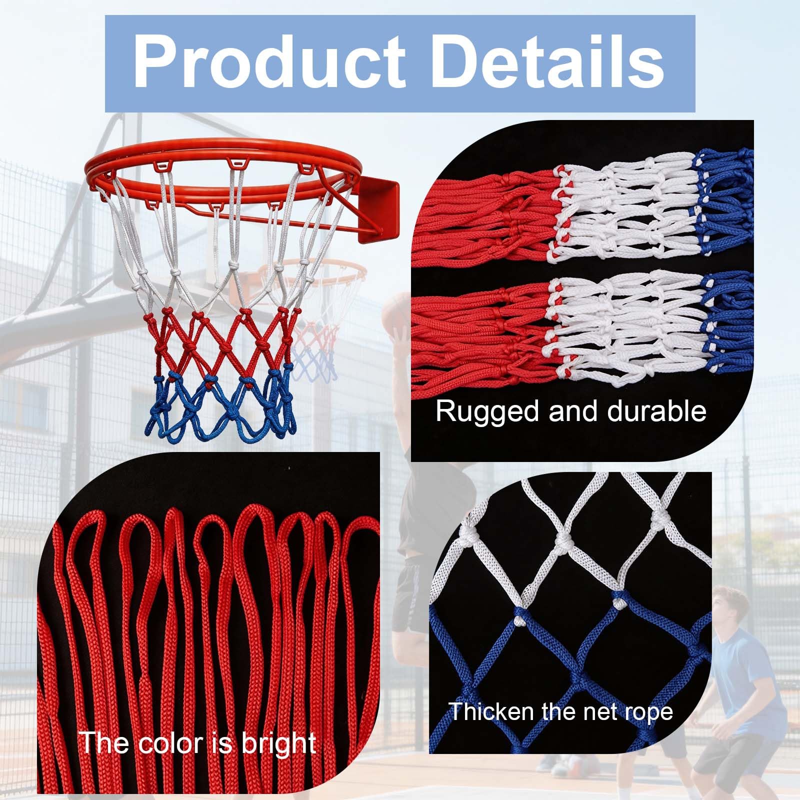 Red de Baloncesto Tricolor Blanco Azul Rojo Pack 4 Redes Aro Estándar 12 Lazos Poliéster Resistente para Interior Exterior Canasta