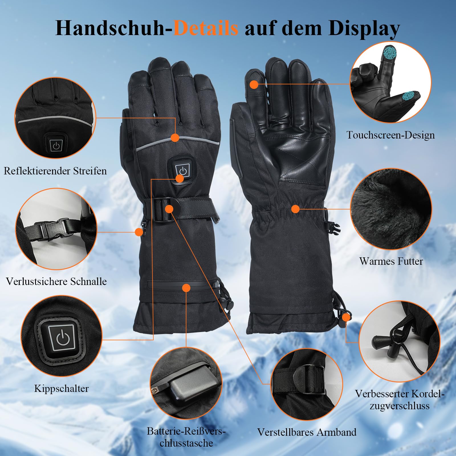 Minthouz Beheizbare Handschuhe 5V 5000 mAh USB-C Wiederaufladbar Wasserdicht Touchscreen 3 Heizstufen Winterhandschuhe