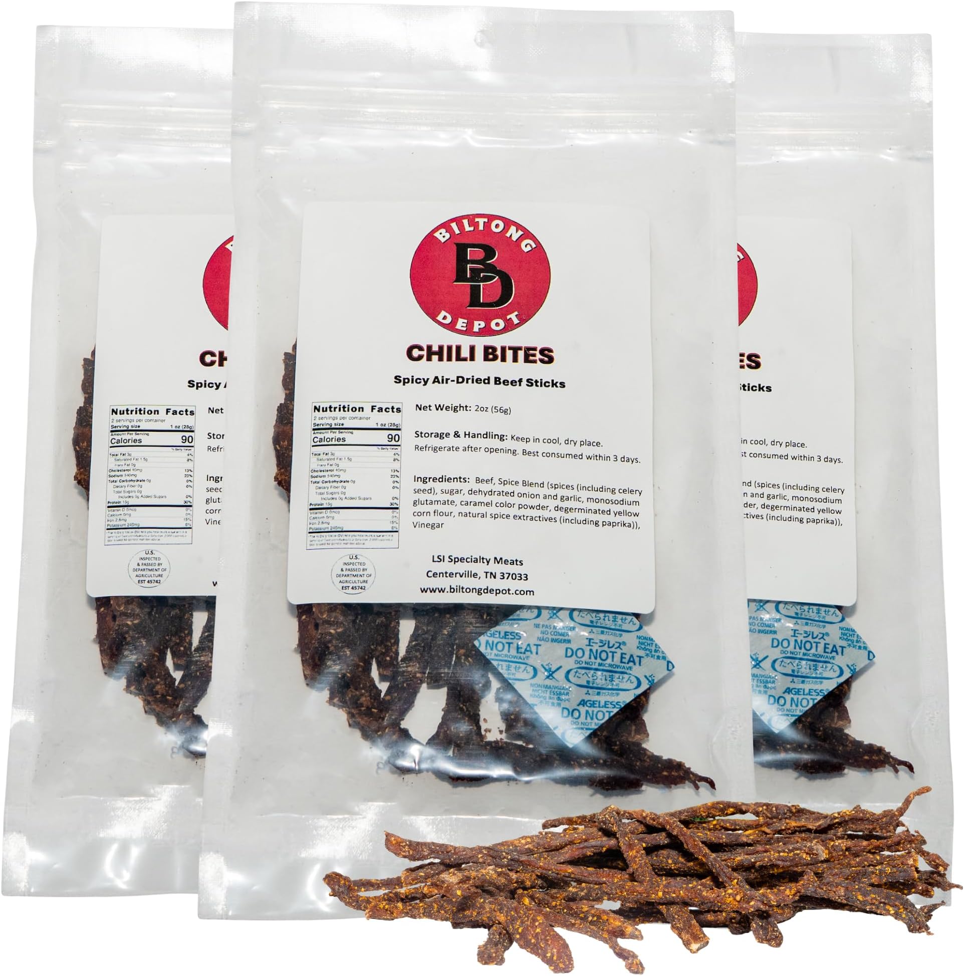 Biltong Depot Chili Bites - 2oz (3 Pack) | Thin Sliced Air-Dried Beef Sticks | Spicy Beef Jerky Snack | High Protein | Keto & Paleo Friendly | Zero Sugar | Gluten Free