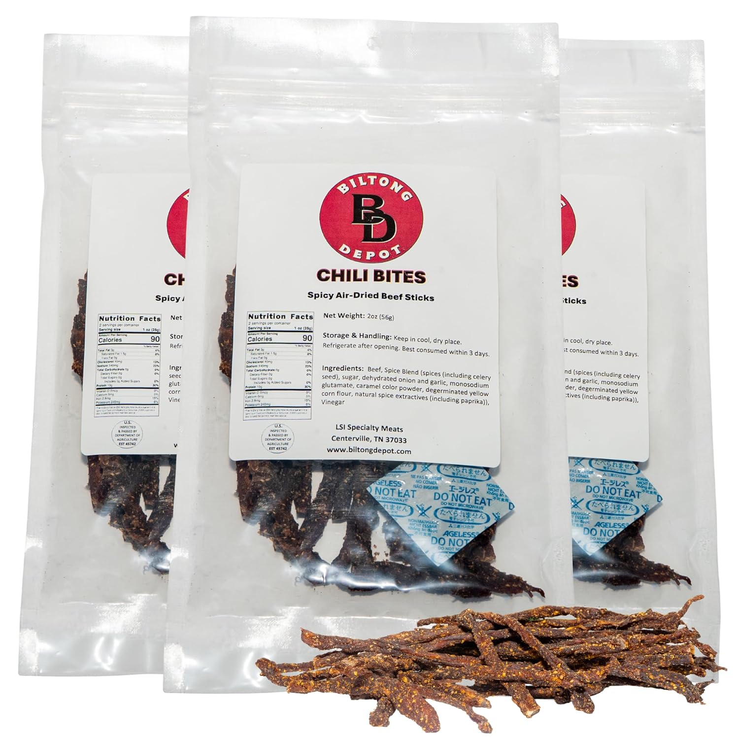 Biltong Depot Chili Bites - 2oz (3 Pack) | Thin Sliced Air-Dried Beef Sticks | Spicy Beef Jerky Snack | High Protein | Keto & Paleo Friendly | Zero Sugar | Gluten Free