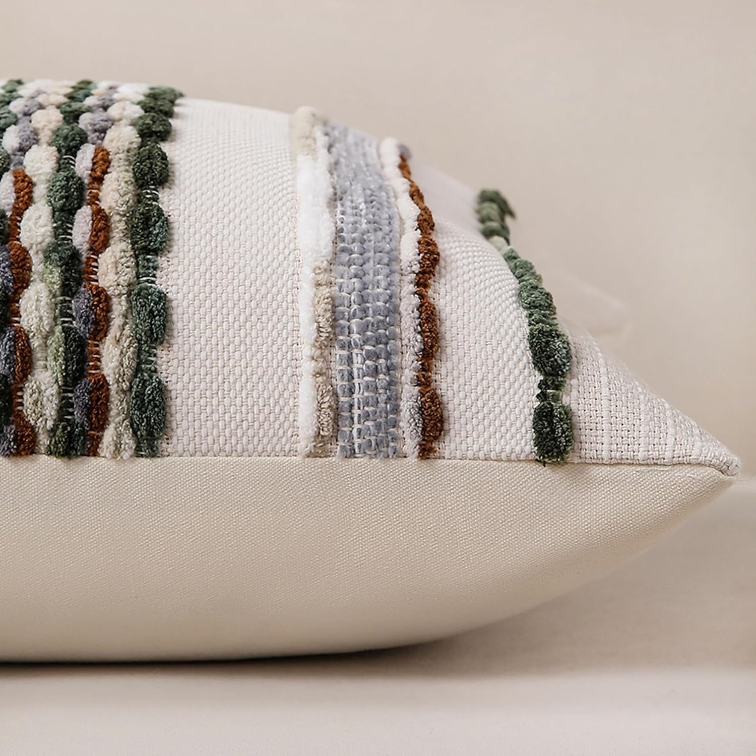 Boho Striped Throw Pillow Covers 18x18 Inch Set of 2 Farmhouse Square Decorative Pillow Covers Chenille Tufted Accent Neutral Pillowcase Green Cushion Cover for Living Room Couch Sofa Bed - Image 7