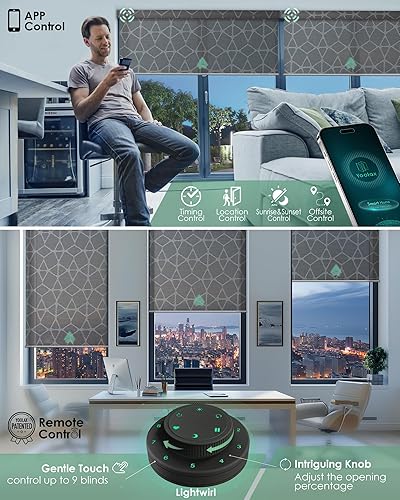 Miniatura 2 de Yoolax Persiana solar motorizada con control remoto para filtrar la luz, persianas enrollables con visión transparente (90% negro geométrico)