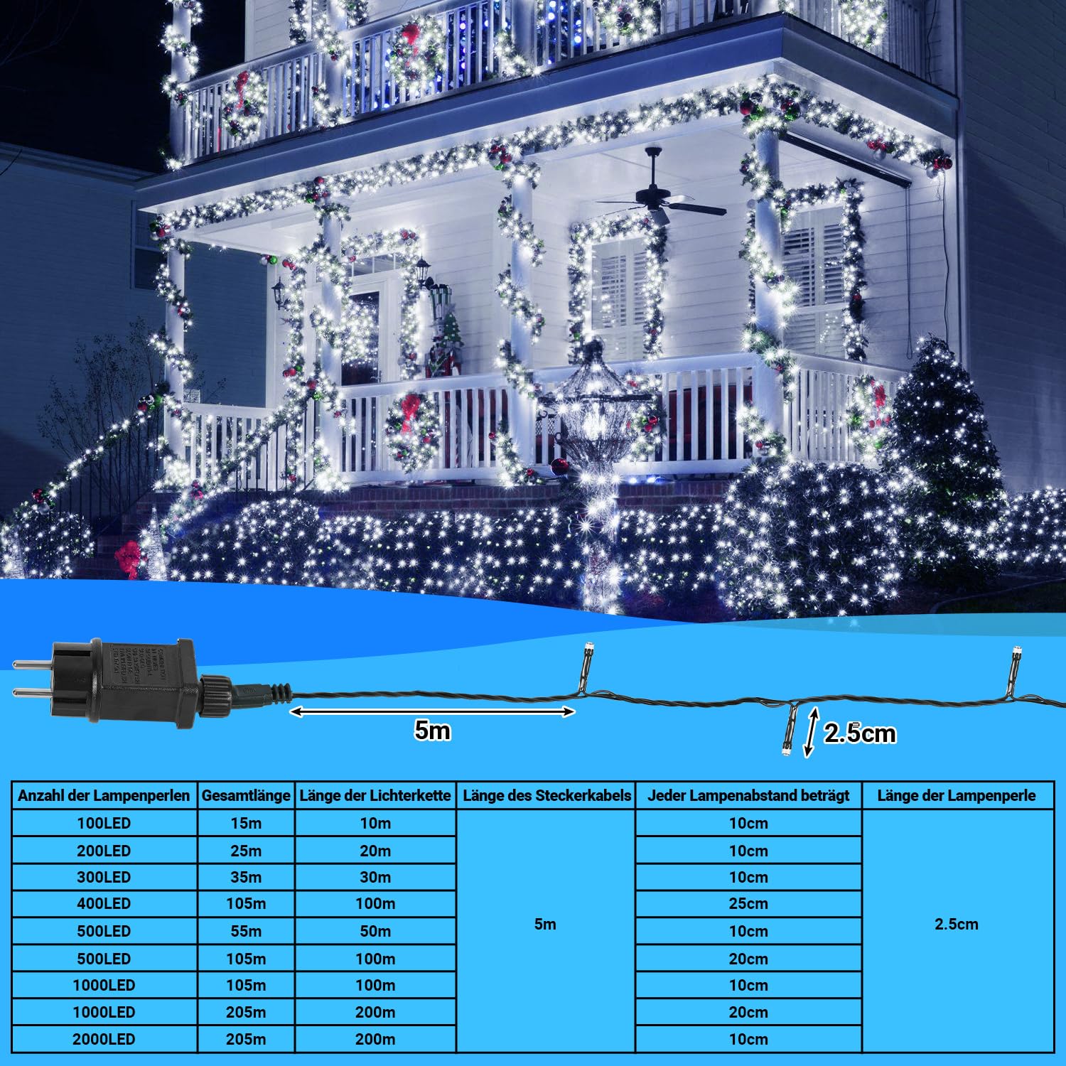 Łańcuch świetlny LED z 8 trybami pracy, do użytku na zewnątrz i wewnątrz, wodoszczelność IP44, 200 m, 1000 diod LED z funkcją pamięci, zasłona świetlna na imprezę, do ogrodu, na wesele, do