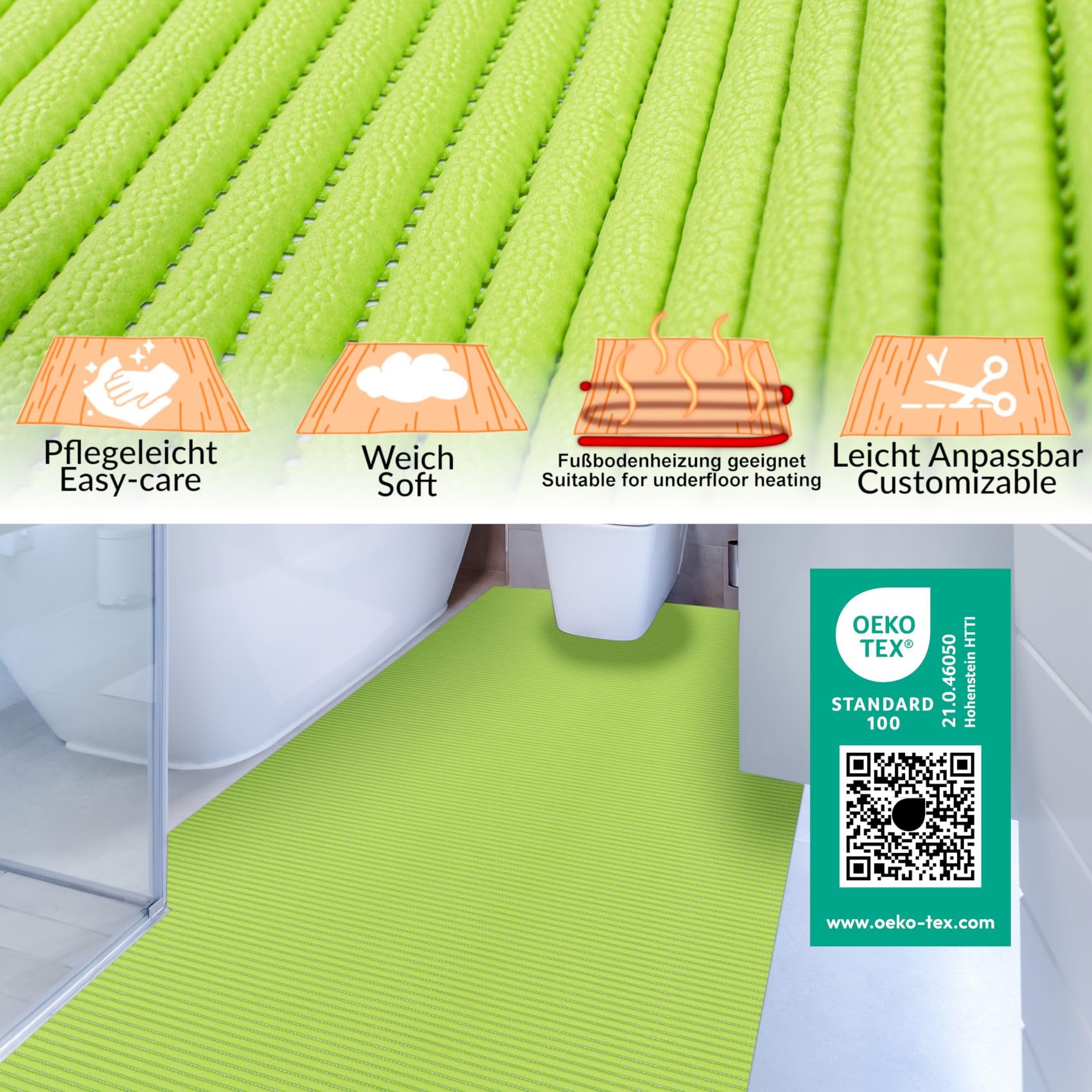 ANRO Alfombrilla de baño de espuma suave, antideslizante, 400 x 130 cm, color verde manzana