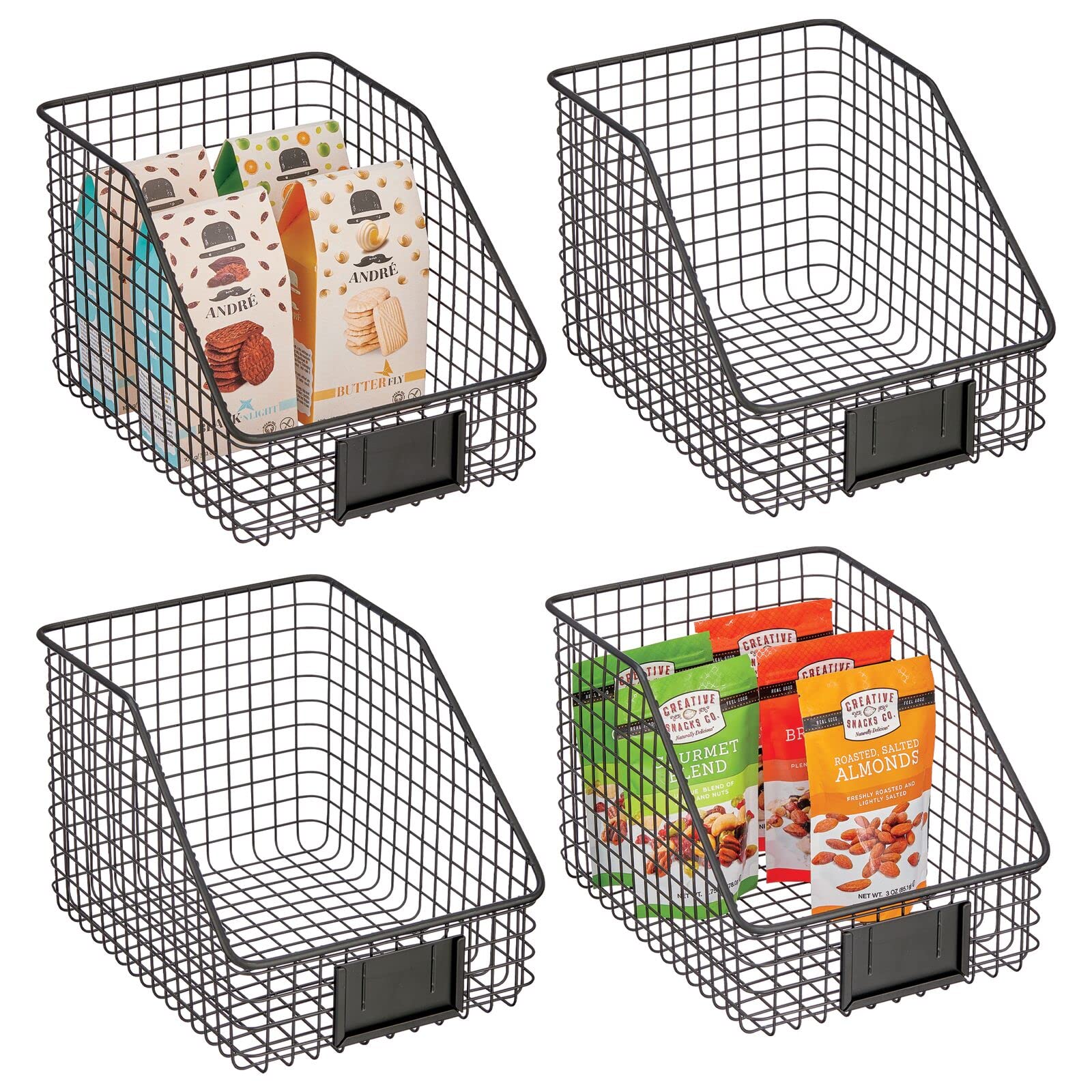 mDesign Small Slanted Metal Kitchen Food Storage Organizer Bin Basket, Label Slot for Cabinet, Countertop, Pantry, Holder Container for Produce, Fruit, Vegetable, Omaha Collection, 4 Pack, Matte Black