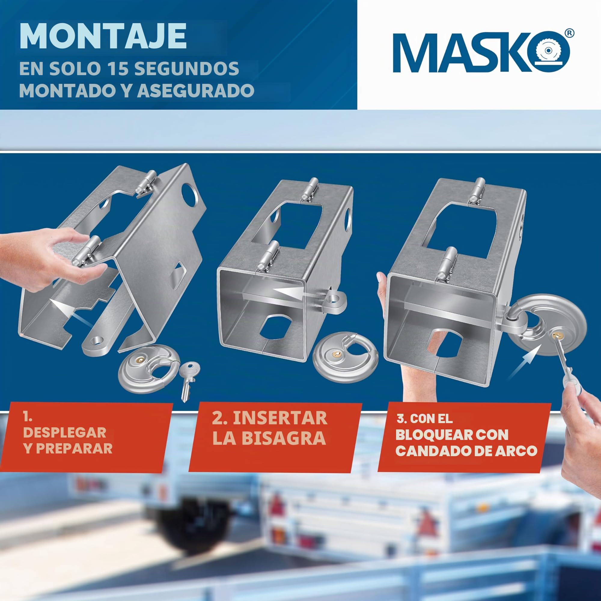 MASKO® Candado de Remolque con Sistema de bisagras para Remolques Acoplados y Desacoplados, Candado antirrobo para Caravana, Incluye Candado de Disco, Llave y Tapa Protectora, Plata