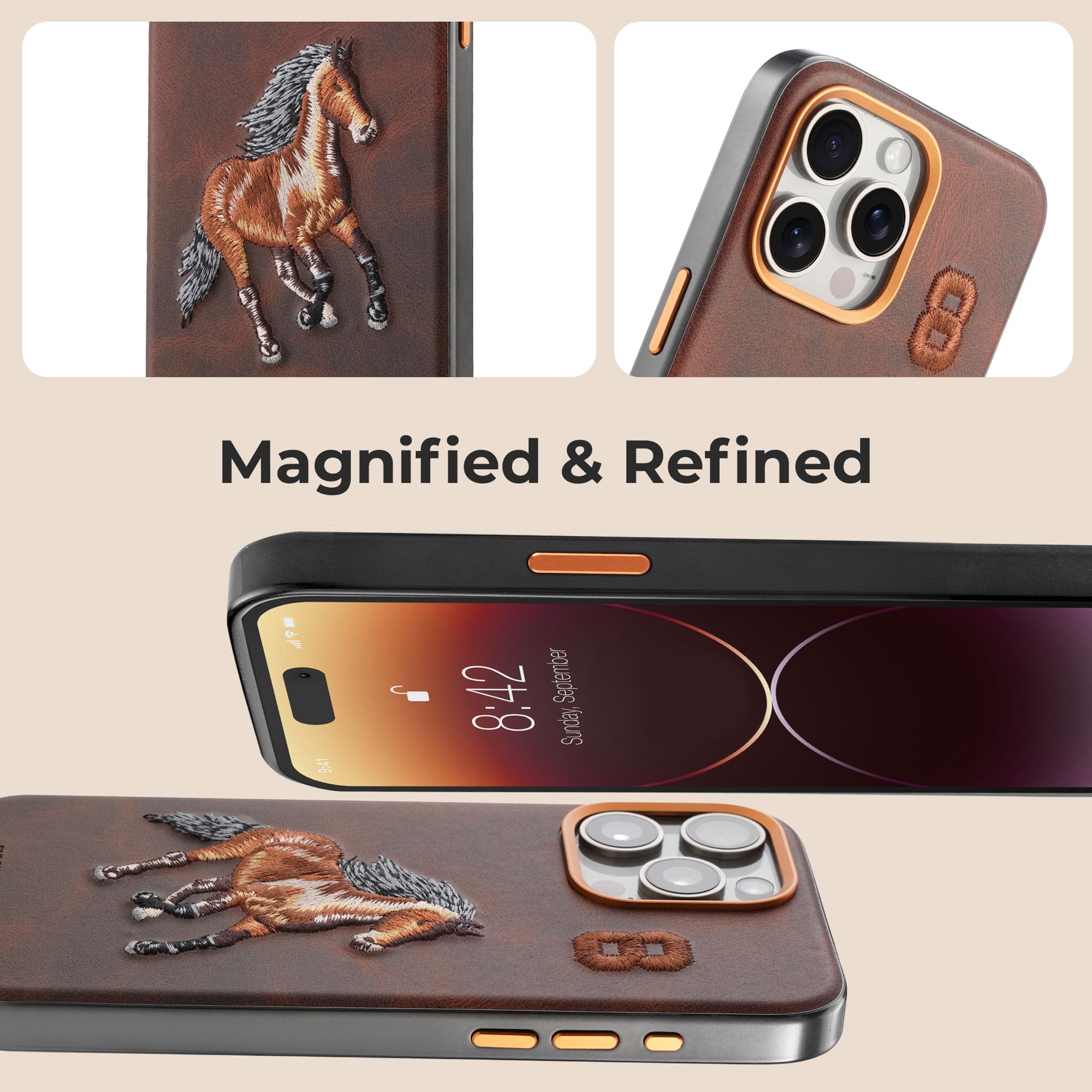 PULOKA - Mobile Cover for iPhone 15 PRO - Horse Embroidery - Sleek & Stylish - Protective & Anti Scratch Phone Cover Vegan Leather Back Case - Men & Women - Santa Barbara Polo (Brown) 3
